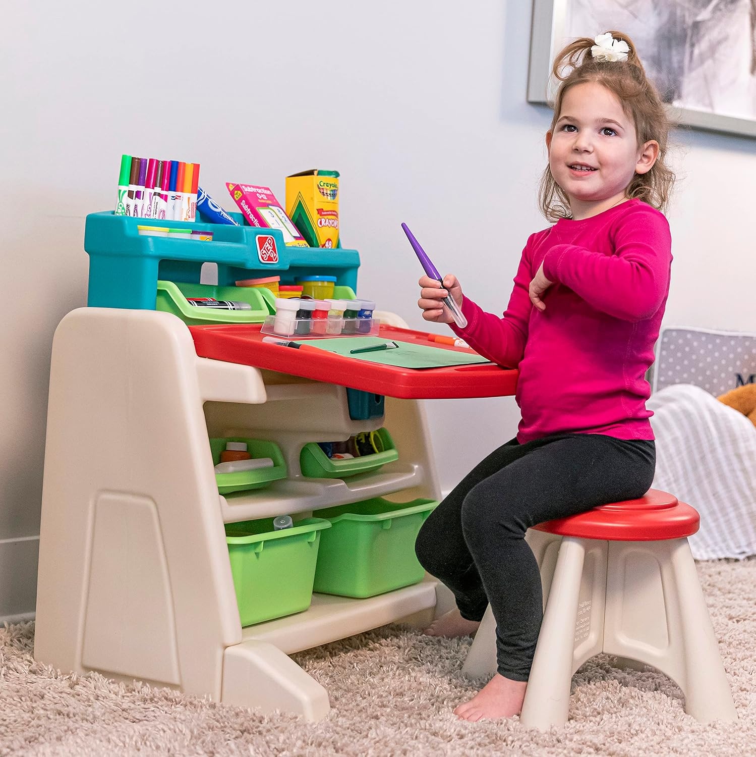 image:imageStep2 Flip amp Doodle Easel Desk With Stool Kids 2 in 1 Activity Table Art Board Made of Durable Plastic For Toddlers 2 Years Old