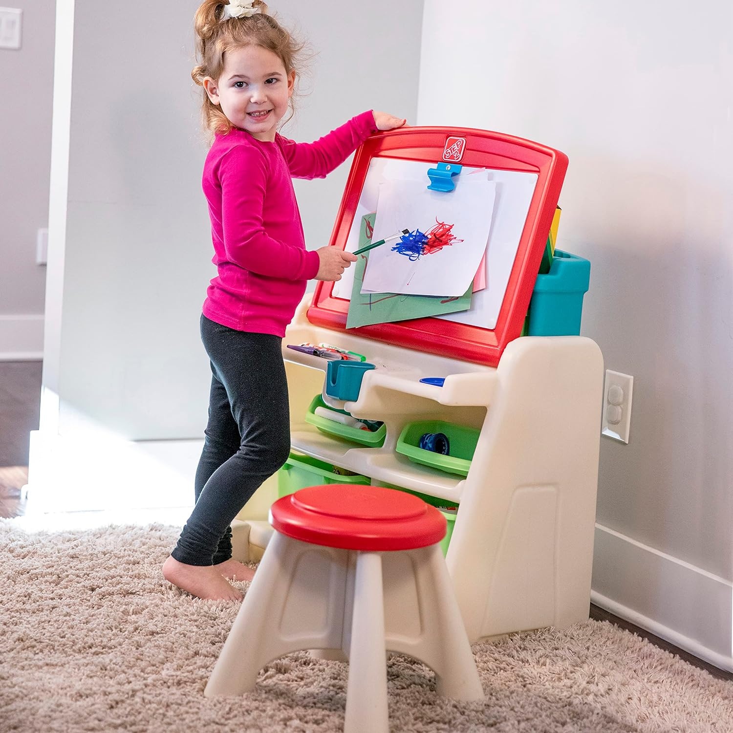 image:imageStep2 Flip amp Doodle Easel Desk With Stool Kids 2 in 1 Activity Table Art Board Made of Durable Plastic For Toddlers 2 Years Old