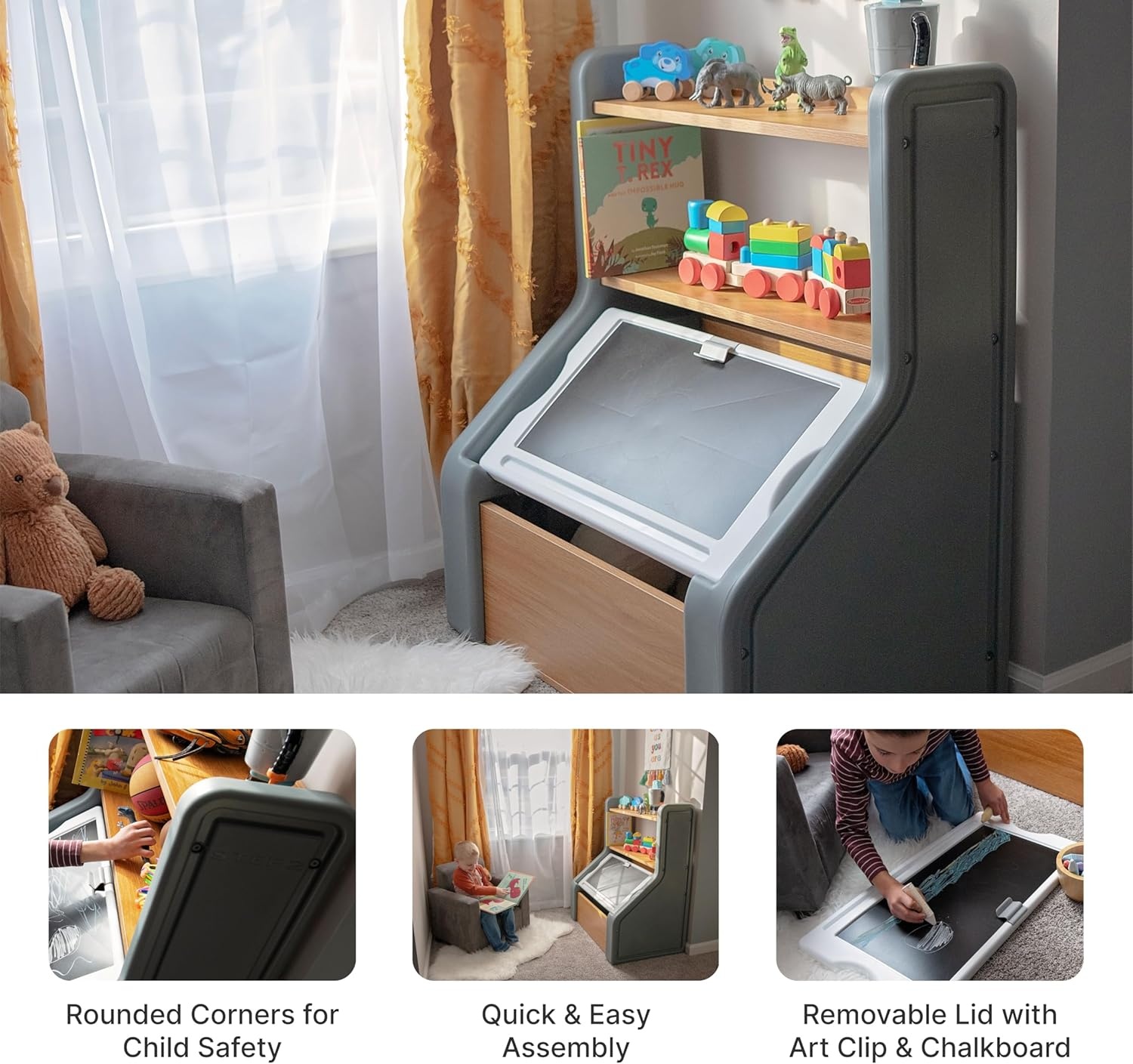 image:imageStep2 Harmony Toy Storage Box Kids Toy Storage Bin with Chalkboard Lid Easel amp Toy Organizer in One Made of Durable Plastic For Toddlers 2 Years Old Sage GraySage Gray