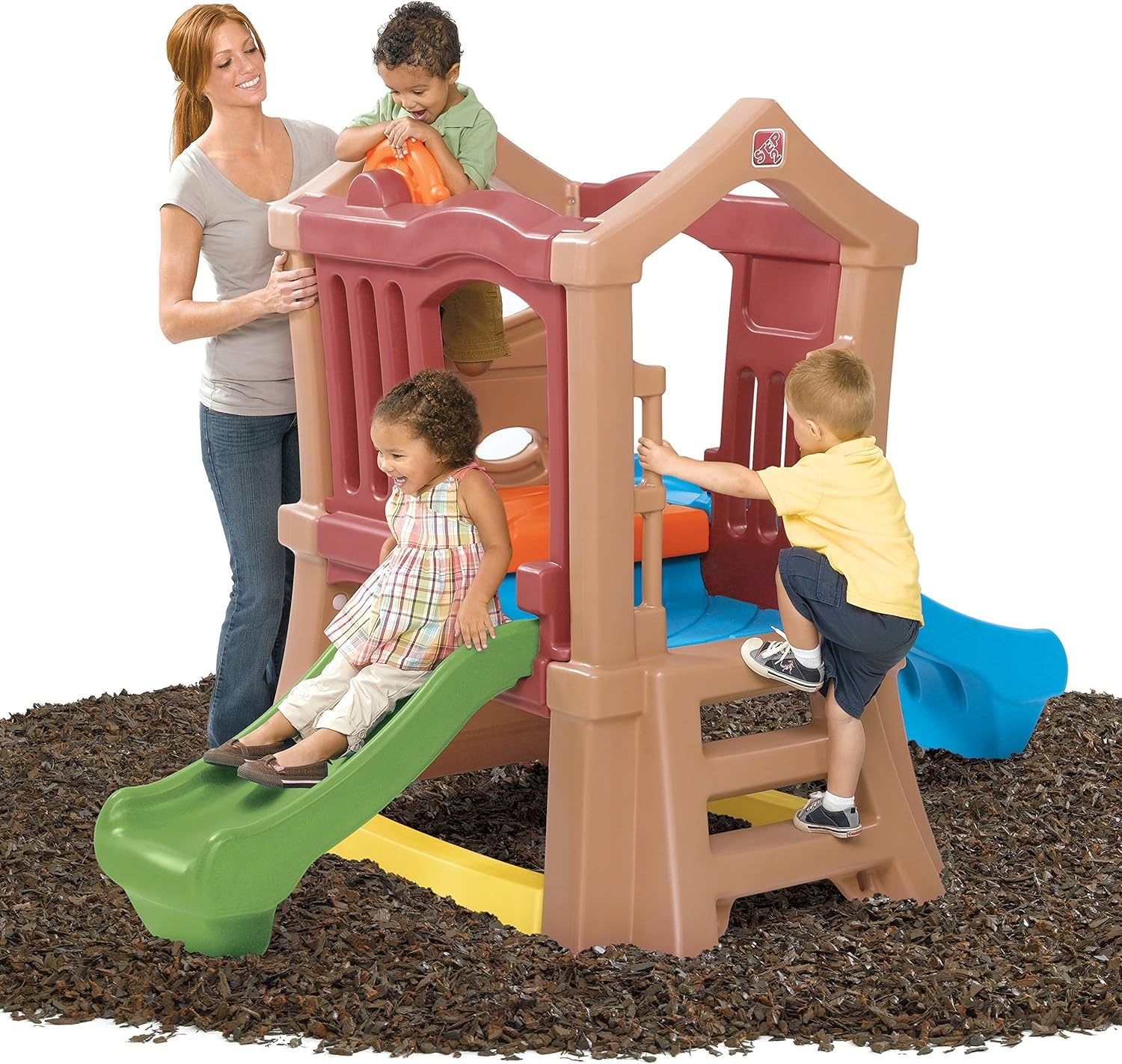 image:imageStep2 Play Up Double Slide Climber Kids Outdoor Playset Backyard Playground Set 2 Slides Elevated Playhouse Outside Jungle Gym For Toddlers 26 Years Old