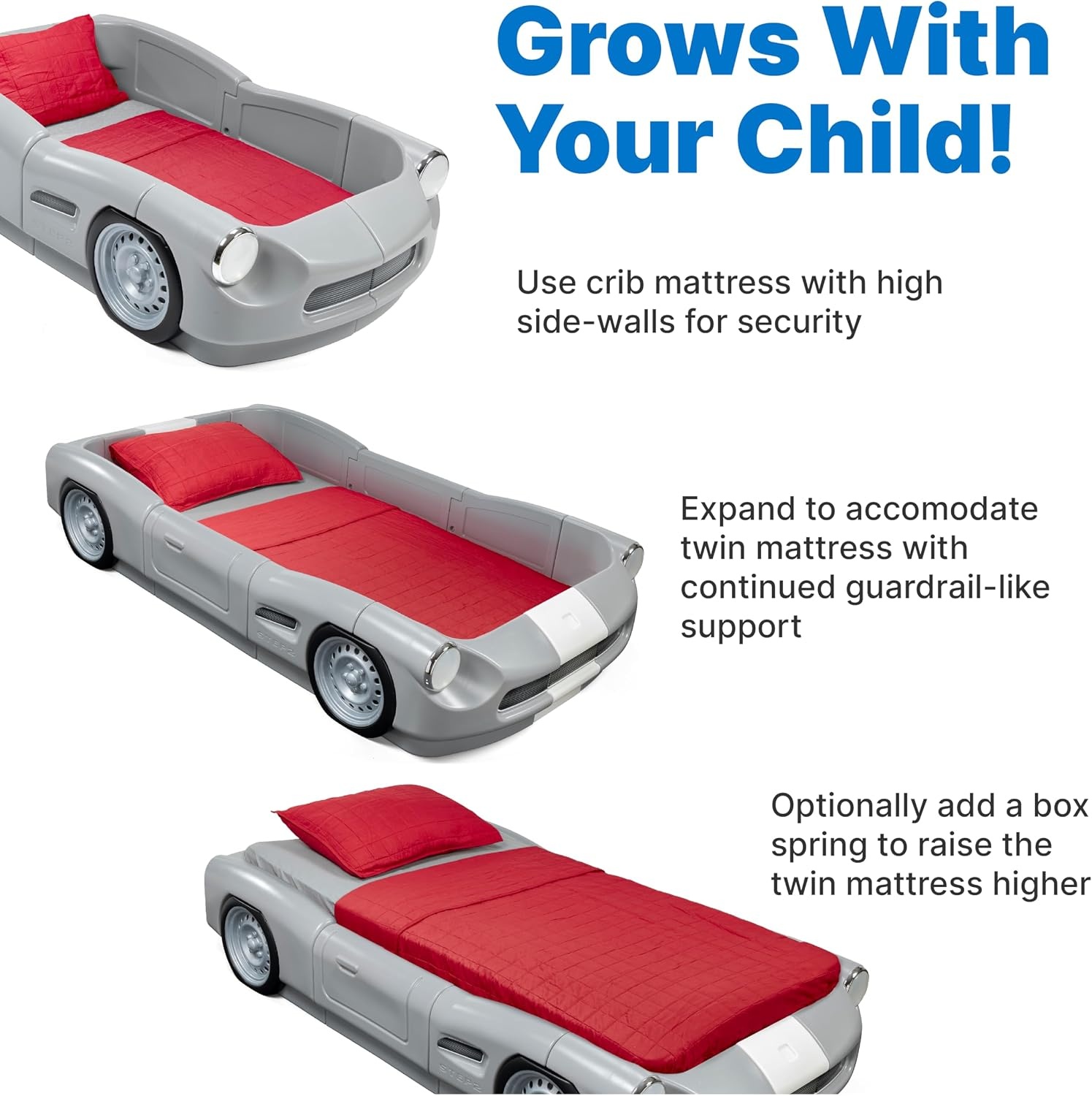 image:imageStep2 Roadster ToddlertoTwin Bed Transition Race Car Bed for Boys amp Girls Adjustable Made of Durable Plastic For Toddlers 3 Years Old Gray