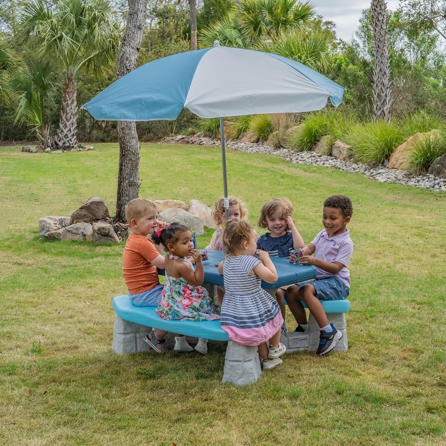 image:imageStep2 Sun and Fun Picnic Table with Umbrella for Kids Outdoor Table and Bench Set Seats 4 Ages 3 Years