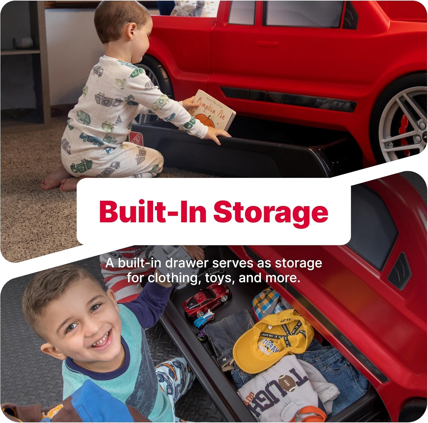 image:imageStep2 Turbocharged Twin Size Truck Car Bed Car Bed for Boys amp Girls Working Headlights amp BuiltIn Storage Made of Durable Plastic For Toddlers 3 Years Old Vibrant RedRed Truck