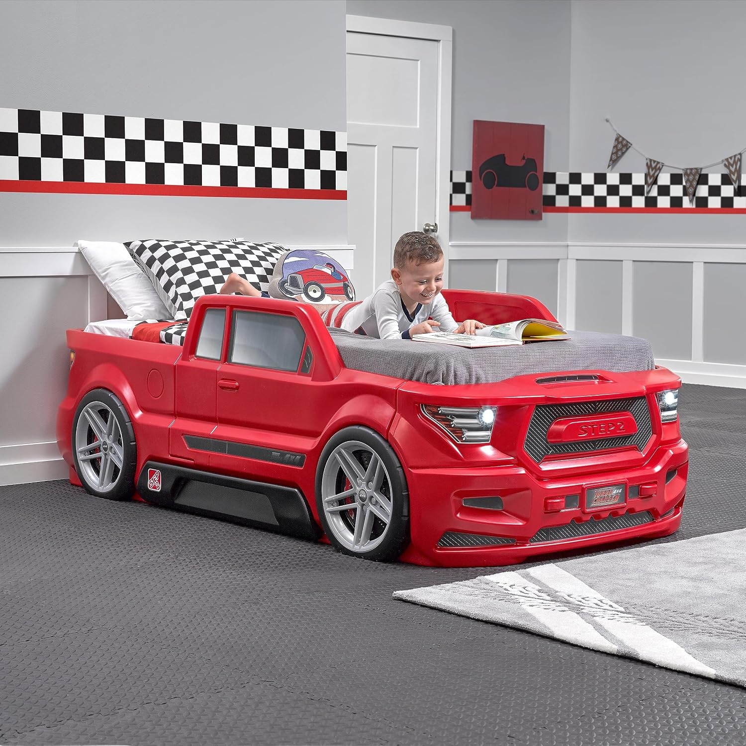 image:imageStep2 Turbocharged Twin Size Truck Car Bed Car Bed for Boys amp Girls Working Headlights amp BuiltIn Storage Made of Durable Plastic For Toddlers 3 Years Old Vibrant RedRed Truck