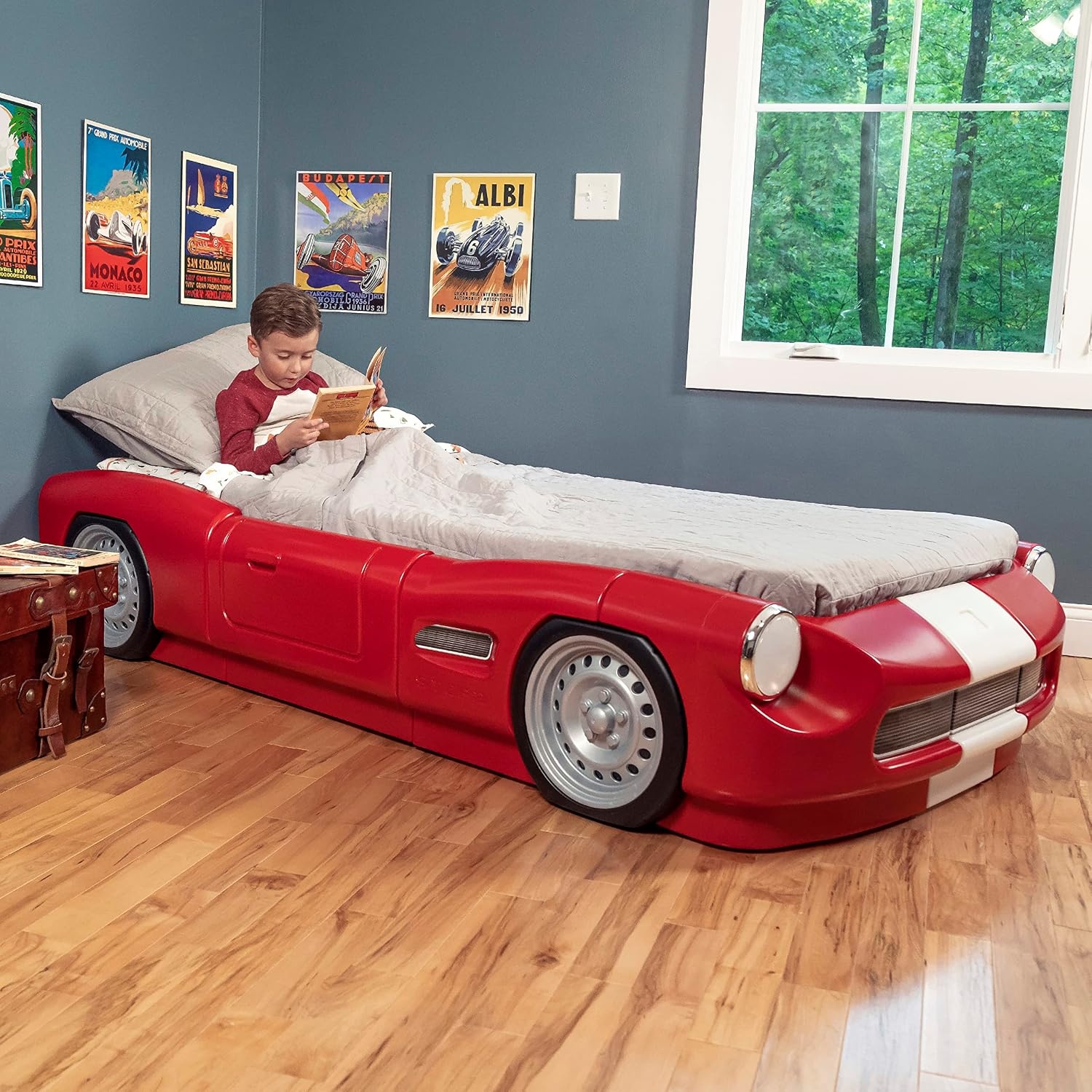 image:imageStep2 Turbocharged Twin Size Truck Car Bed Car Bed for Boys amp Girls Working Headlights amp BuiltIn Storage Made of Durable Plastic For Toddlers 3 Years Old Vibrant RedRed Roadster
