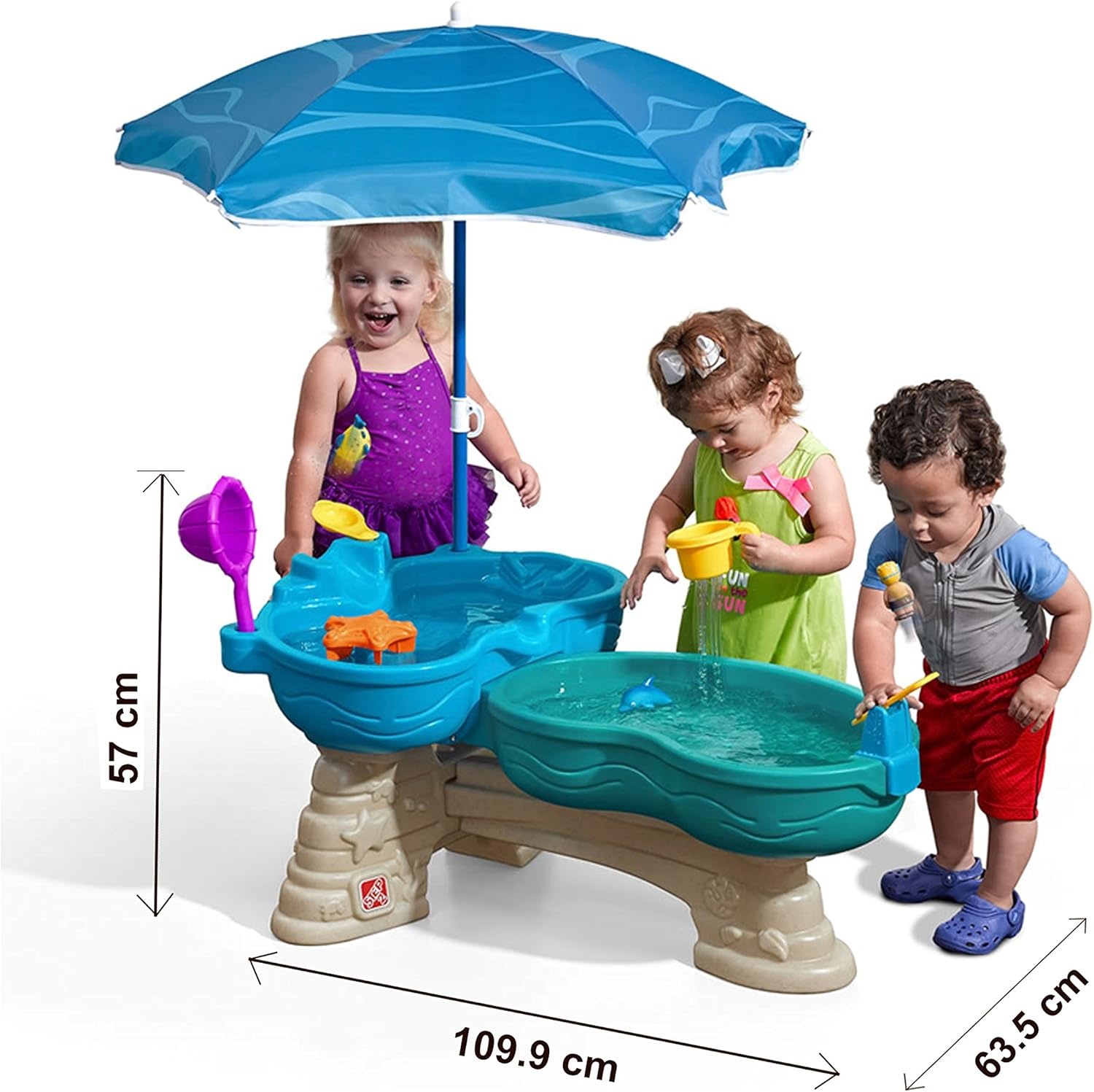 image:imageStep 2 Spill amp Splash Seaway Water Table for Kids TwoTier Outdoor Kids Water Sensory Table with Umbrella Ages 15 Years Old 11 Piece Water Toy AccessoriesMulticolor