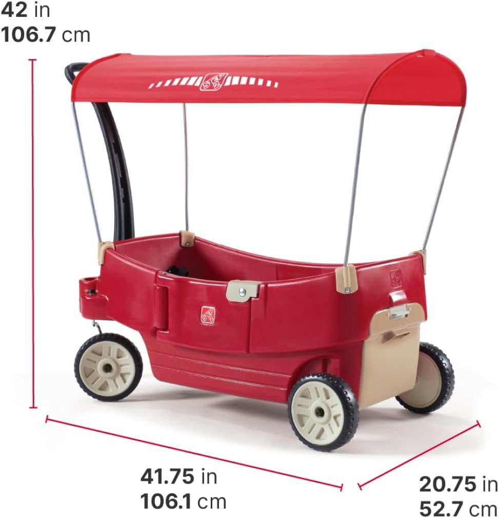image:imageStep2 All Around Canopy Wagon Kids Ride On Toy Stroller Substitute Includes Seat Belts Made of Durable Plastic Max Weight 75 lbs For Toddlers 155 Years Old