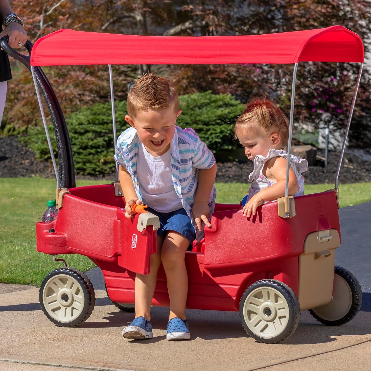 image:imageStep2 All Around Canopy Wagon Kids Ride On Toy Stroller Substitute Includes Seat Belts Made of Durable Plastic Max Weight 75 lbs For Toddlers 155 Years Old