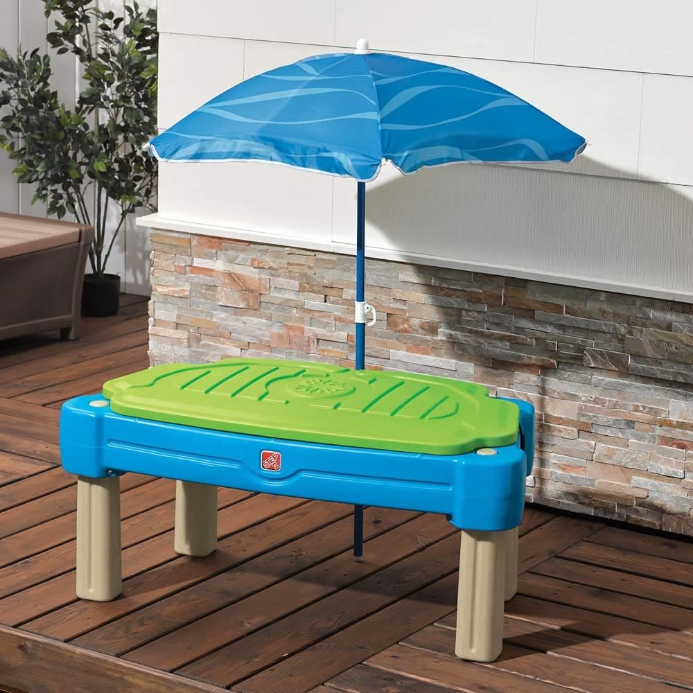 image:imageStep2 Cascading Cove Sand and Water Table Kids Activity Sensory Playset Comes with Umbrella Summer Outdoor Toys 7 Piece Toy Accessories For Toddlers 15 Years OldBlue