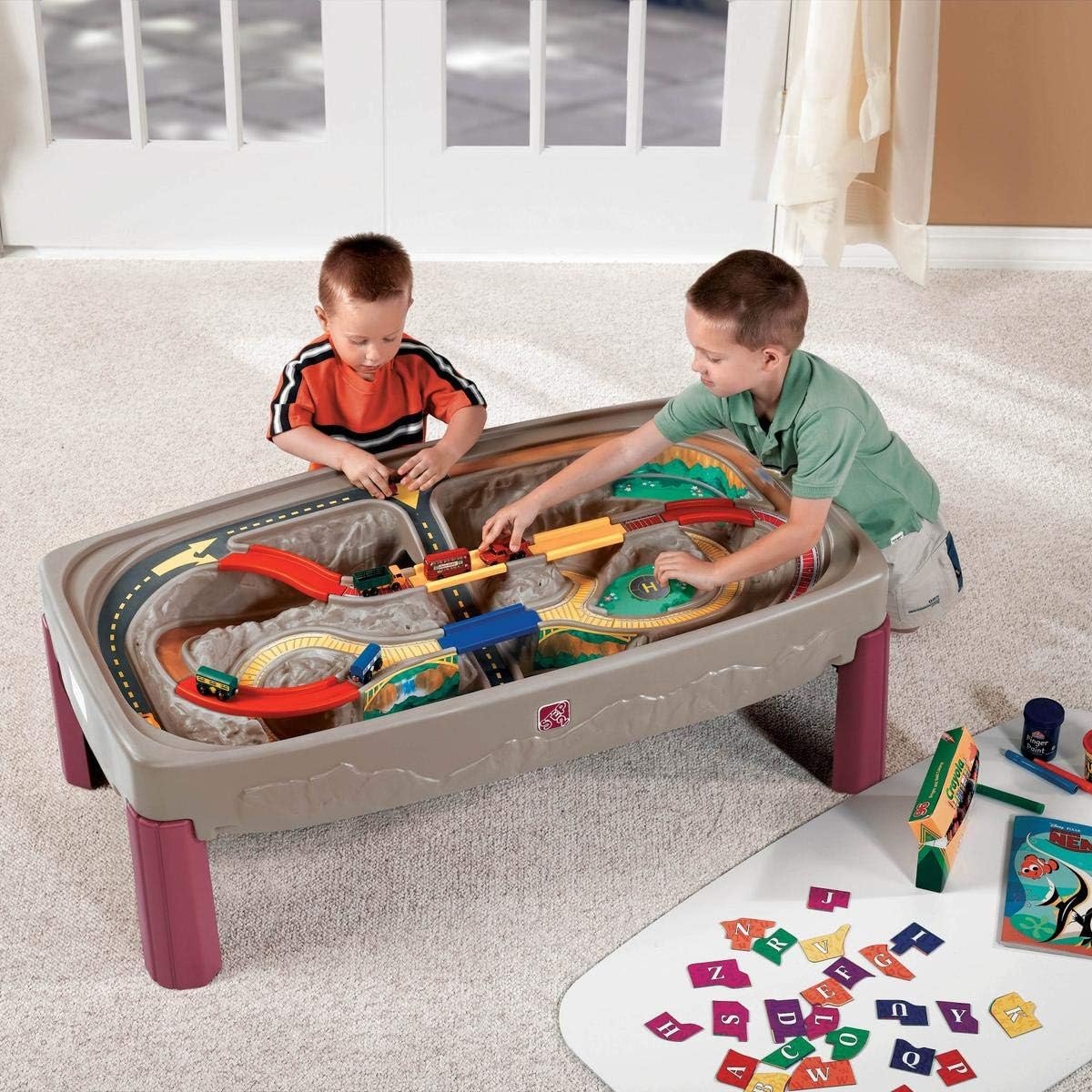 image:imageStep2 Deluxe Canyon Road Train amp Track Table Kids Activity Table for Cars Cover Included Made of Durable Plastic Includes 3Piece Train Set For Toddlers 3 Years Old