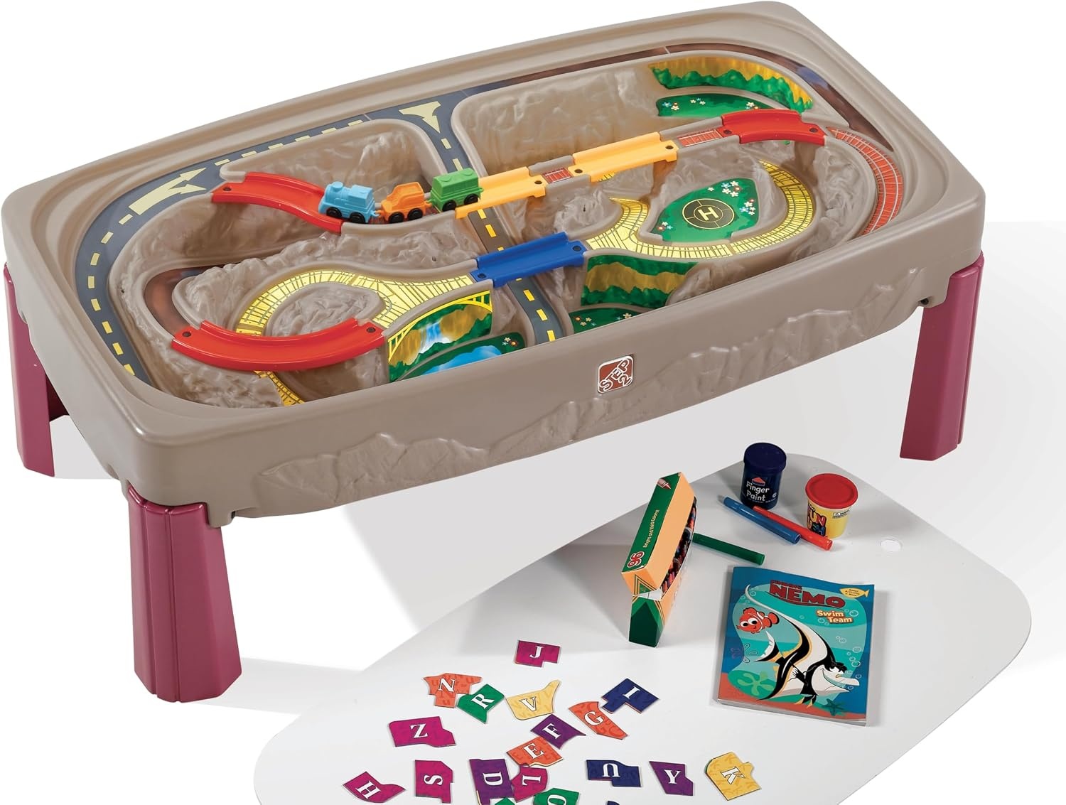 image:imageStep2 Deluxe Canyon Road Train amp Track Table Kids Activity Table for Cars Cover Included Made of Durable Plastic Includes 3Piece Train Set For Toddlers 3 Years Old