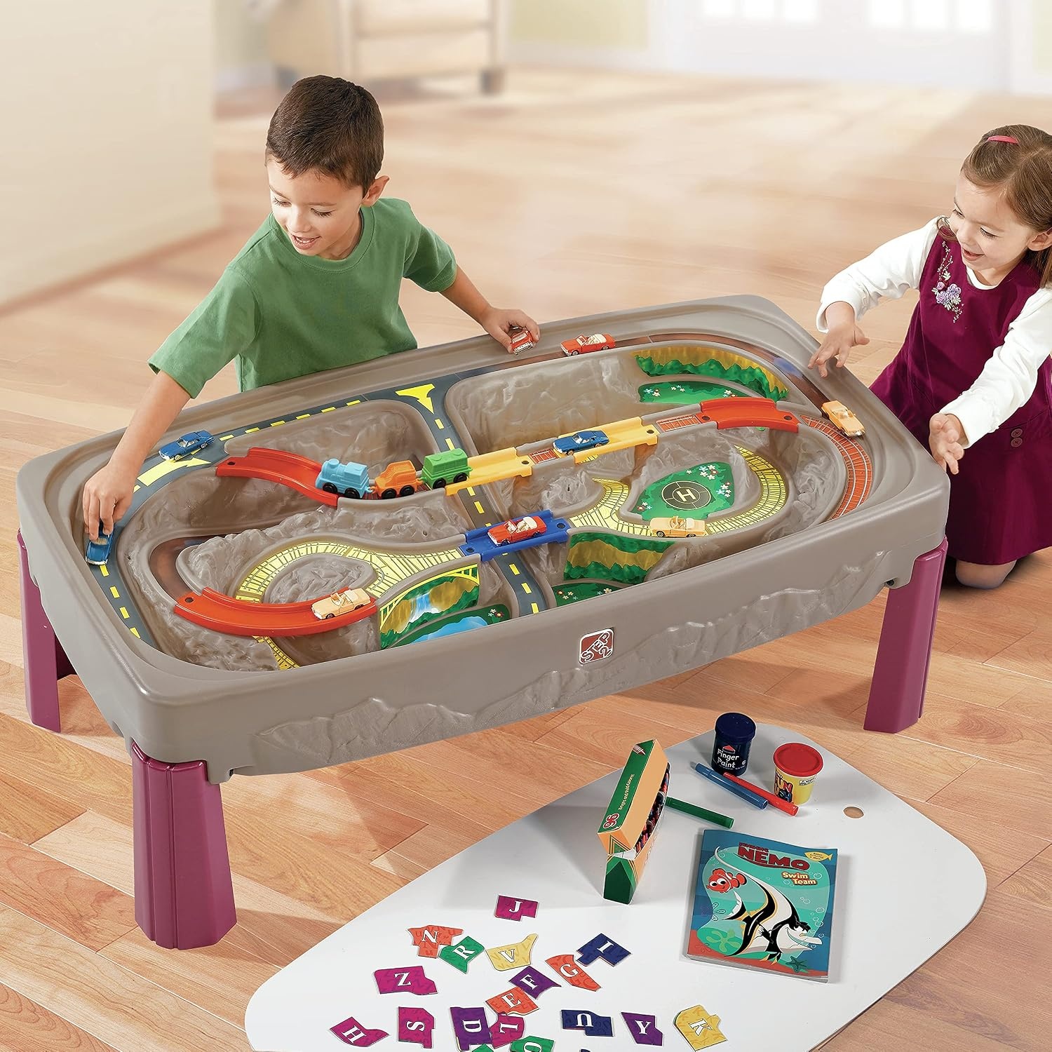 image:imageStep2 Deluxe Canyon Road Train amp Track Table Kids Activity Table for Cars Cover Included Made of Durable Plastic Includes 3Piece Train Set For Toddlers 3 Years Old
