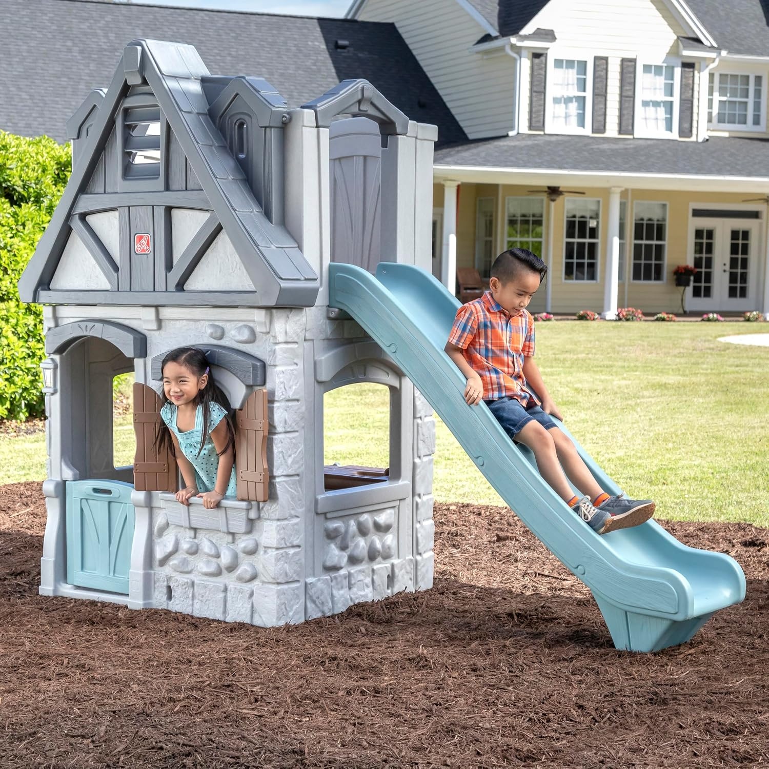 image:imageStep2 Enchanting Adventures 2Story Kids Playhouse Outdoor Playhouse with Kitchenette amp Slide Rock Climbing Wall Made of Durable Plastice For Toddlers 48 Years OldPlayhouse Slide
