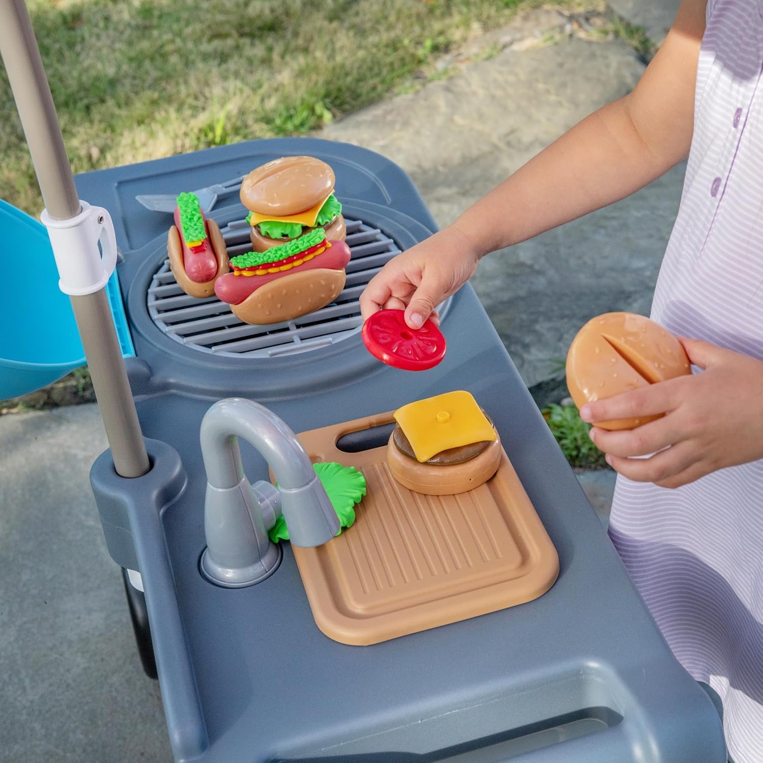 image:imageStep2 Grill amp Go BBQ Cart with Lights and Sounds for Kids Play Toy for Toddlers Ages 3 Years Old Durable Easy Assembly BlueGray