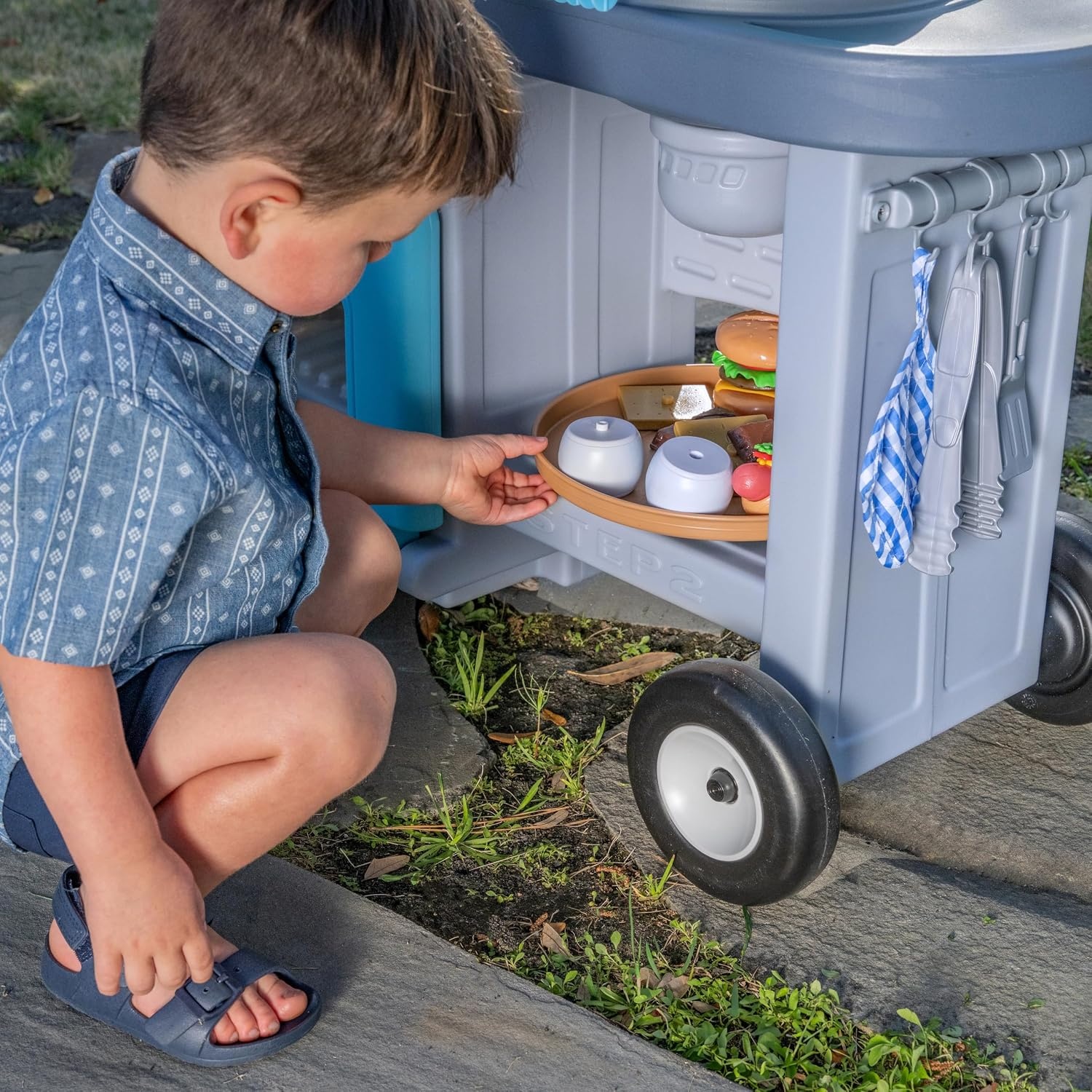 image:imageStep2 Grill amp Go BBQ Cart with Lights and Sounds for Kids Play Toy for Toddlers Ages 3 Years Old Durable Easy Assembly BlueGray