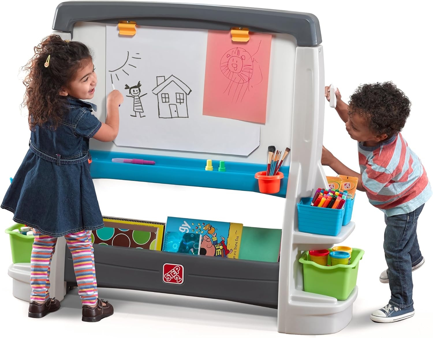 image:imageStep2 Jumbo Art Easel Kids Art Activity Table DoubleSided Dry Erase and Chalkboard Storage Bins and Trays For Toddlers and Preschoolers Ages 3 Years Old