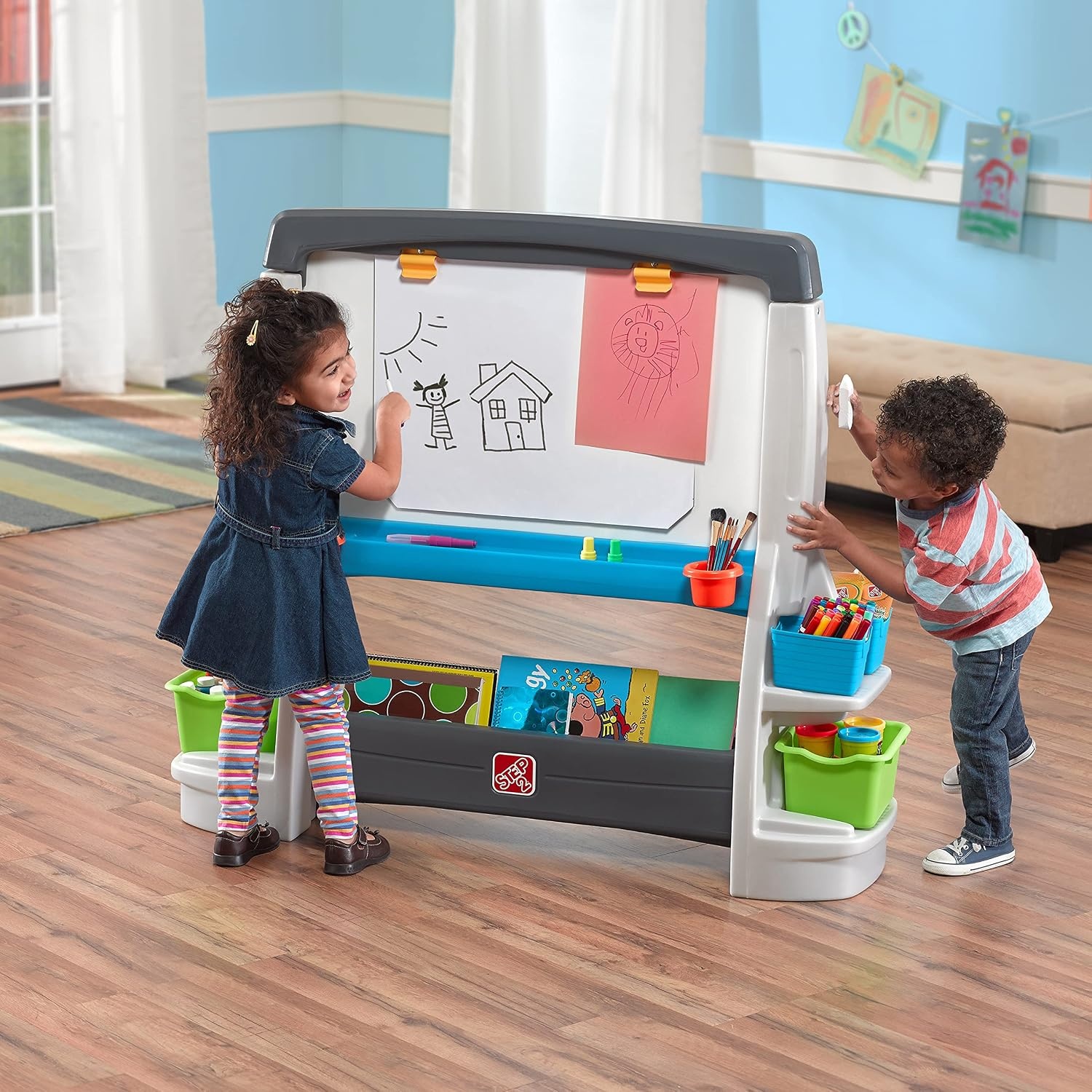 image:imageStep2 Jumbo Art Easel Kids Art Activity Table DoubleSided Dry Erase and Chalkboard Storage Bins and Trays For Toddlers and Preschoolers Ages 3 Years Old