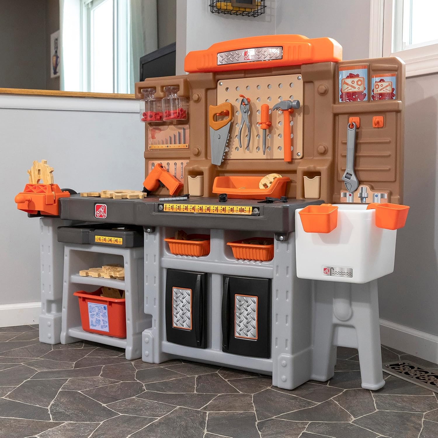 image:imageStep2 Pro Play Kids Workshop with Utility Bench IndoorOutdoor Tool Bench for Children Interactive Play with Sounds Made of Durable Plastic Includes 76 Piece Toy Accessories Toddlers 3 Years Old