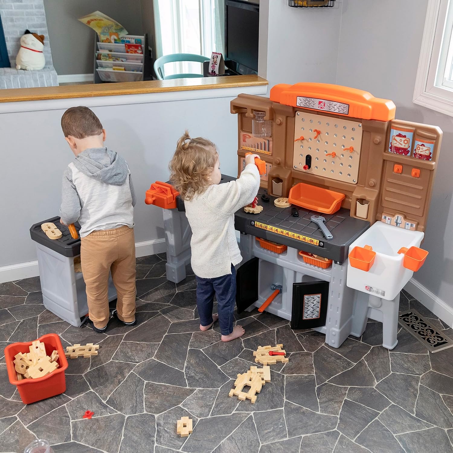 image:imageStep2 Pro Play Kids Workshop with Utility Bench IndoorOutdoor Tool Bench for Children Interactive Play with Sounds Made of Durable Plastic Includes 76 Piece Toy Accessories Toddlers 3 Years Old