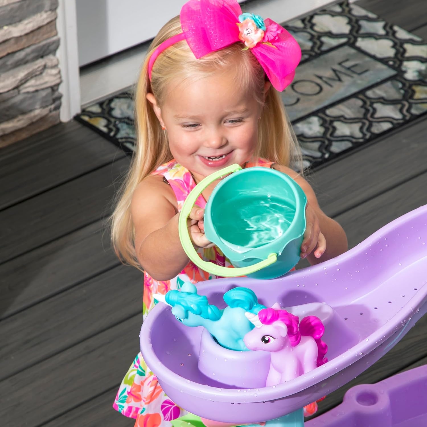 image:imageStep2 Rain Showers Splash Pond Water Table for Kids with Cover Toddler Outdoor Sensory Playset 13 Accessories Blue and Green Ages 18 MonthsRain Showers Unicorns