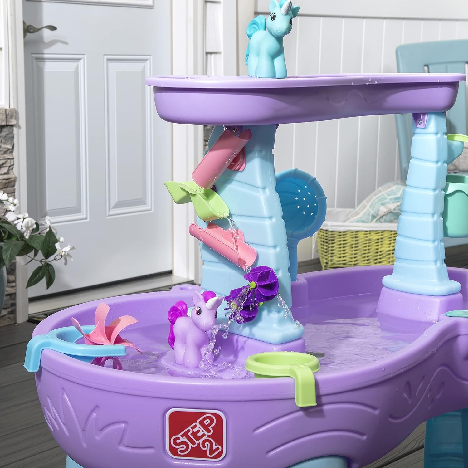 image:imageStep2 Rain Showers Splash Pond Water Table for Kids with Cover Toddler Outdoor Sensory Playset 13 Accessories Blue and Green Ages 18 MonthsRain Showers Unicorns