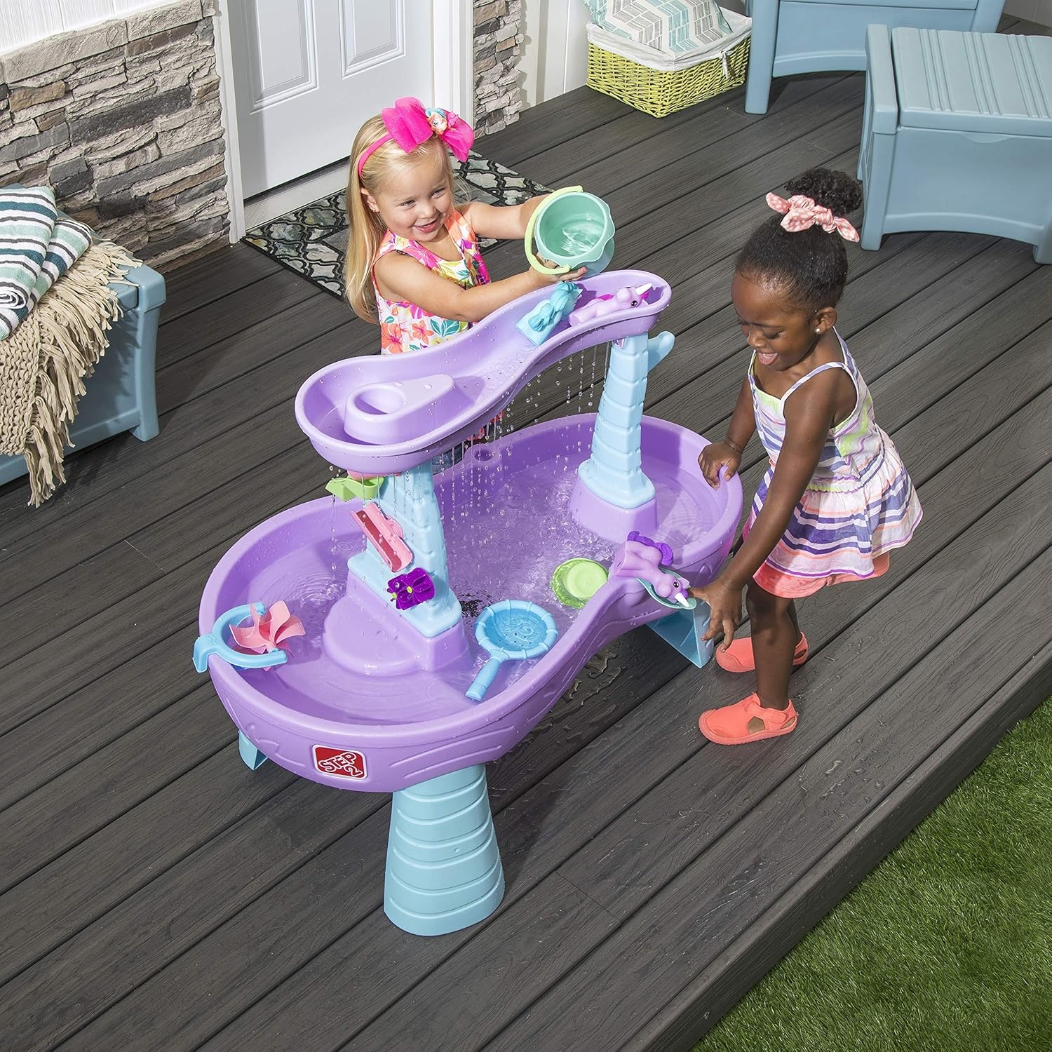 image:imageStep2 Rain Showers Splash Pond Water Table for Kids with Cover Toddler Outdoor Sensory Playset 13 Accessories Blue and Green Ages 18 MonthsRain Showers Unicorns