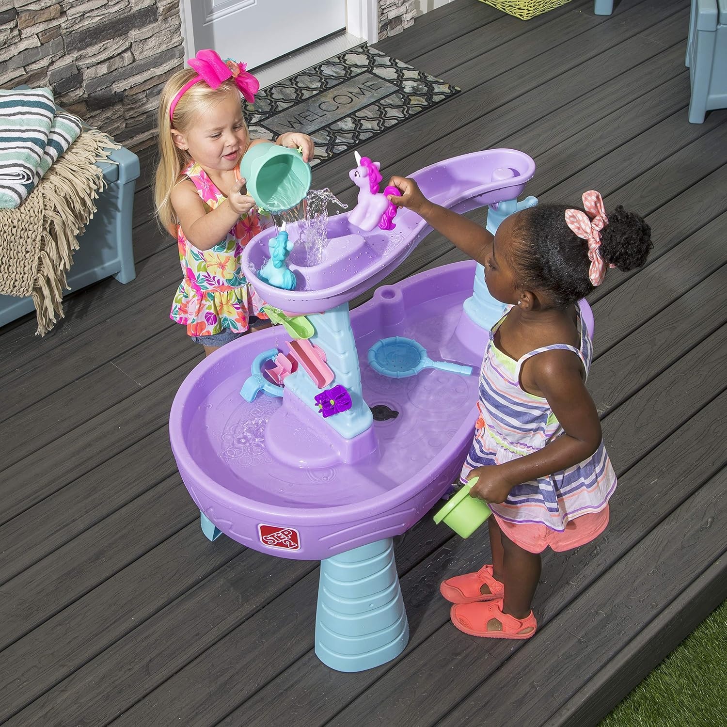image:imageStep2 Rain Showers Splash Pond Water Table for Kids with Cover Toddler Outdoor Sensory Playset 13 Accessories Blue and Green Ages 18 MonthsRain Showers Unicorns