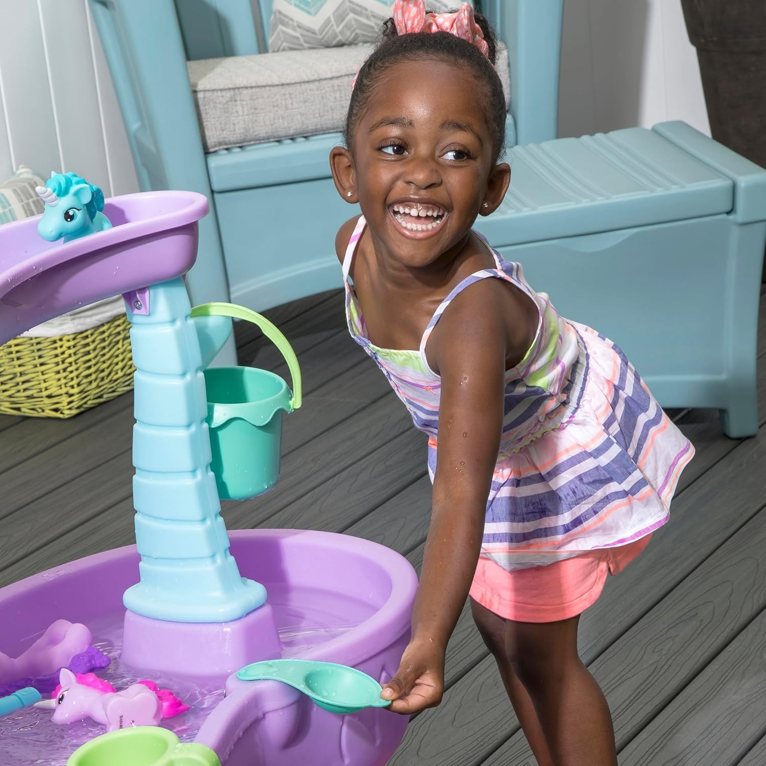 image:imageStep2 Rain Showers Splash Pond Water Table for Kids with Cover Toddler Outdoor Sensory Playset 13 Accessories Blue and Green Ages 18 MonthsRain Showers Unicorns