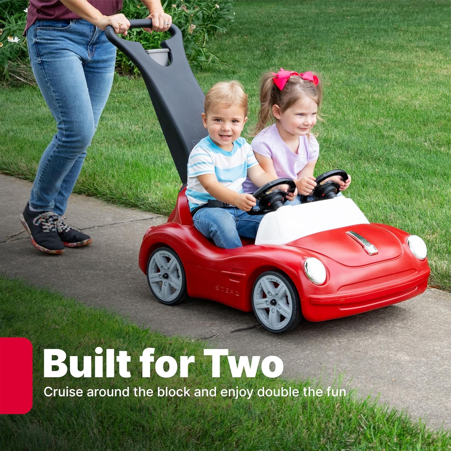 image:imageStep2 SidebySide Push Around Roadster Kids Push Car 2 Seat Ride On Car Seat Belts amp Horn for Toddlers 154 Years Old Red