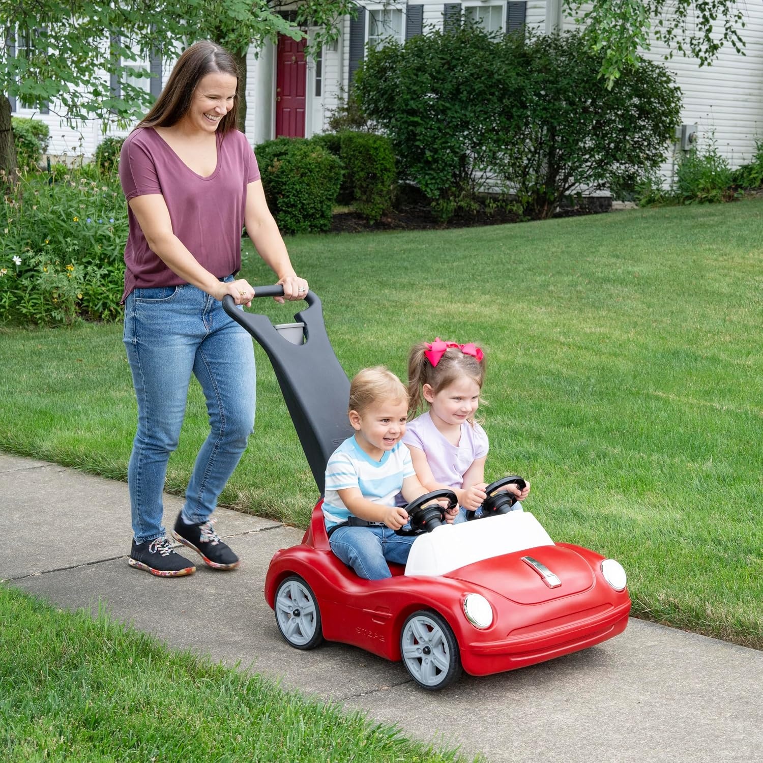 image:imageStep2 SidebySide Push Around Roadster Kids Push Car 2 Seat Ride On Car Seat Belts amp Horn for Toddlers 154 Years Old Red
