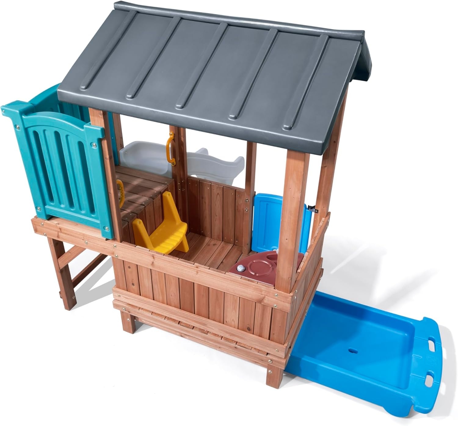 image:imageStep2 Woodland Adventure Playhouse amp Slide Kids Outdoor Playset Backyard Playground Set Swings Storage Drawer Made of Wood amp Durable Plastic Outside Jungle Gym for Children 38 Years Old