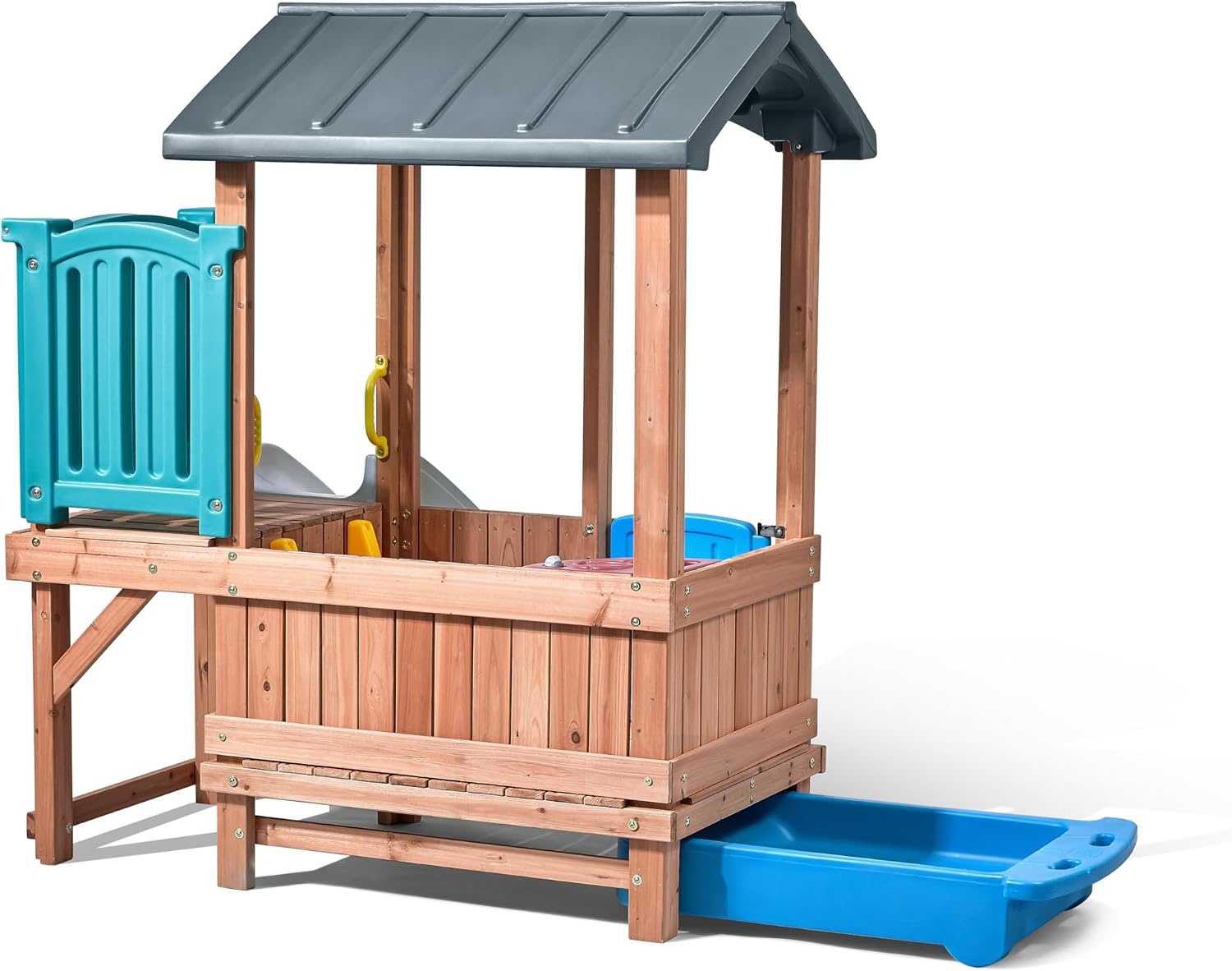 image:imageStep2 Woodland Adventure Playhouse amp Slide Kids Outdoor Playset Backyard Playground Set Swings Storage Drawer Made of Wood amp Durable Plastic Outside Jungle Gym for Children 38 Years Old