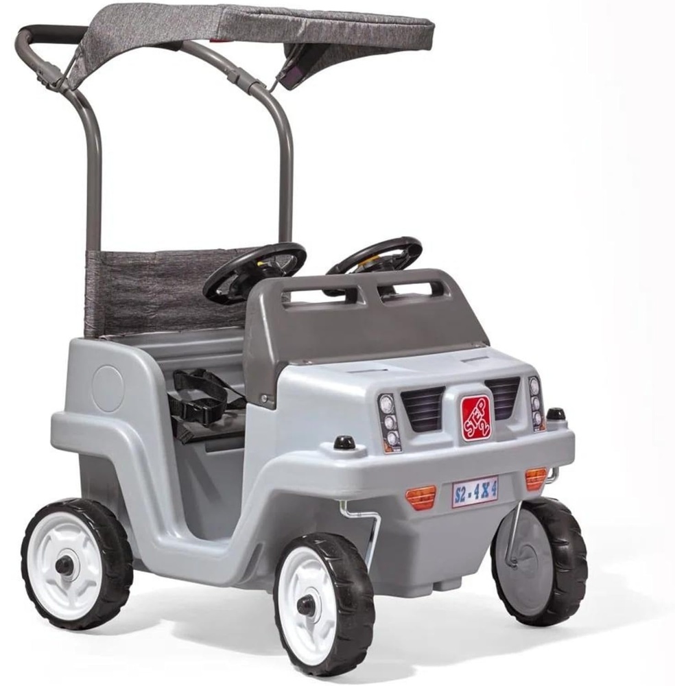 image:imageStep2 SidebySide Push Around SUV 2Seater Kids Push Car with Seat Belts Dual Steering Wheels amp Horns Adjustable Canopy Ages 18 months5 years Max 100 lbs Durable Plastic BlueGray