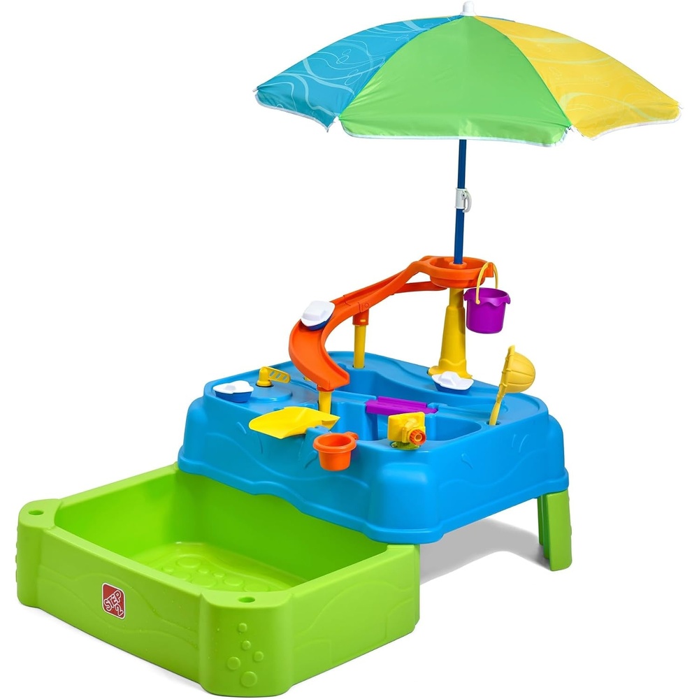 image:imageStep2 Waterpark Wonders Two Tier Water Table Kids Water Activity Sensory Playset with Umbrella Garden Hose Sprinkler Attachment 11 Piece Accessories Outdoor Summer Toy Ages 18 Months Blue