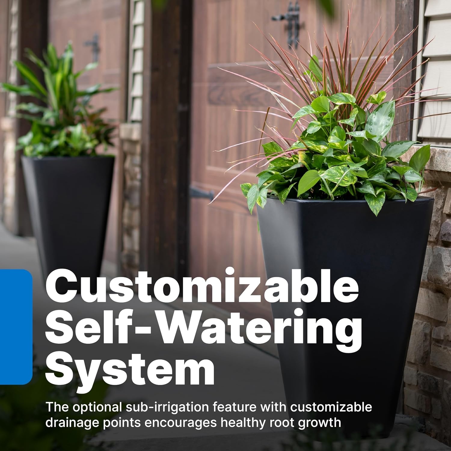 image:imageStep2 Bridgeview Tall Square Planter Large Planters for Outdoor Plants Gardening and Flower Pot for Patio or Porch Efficient Drainage Durable Plastic Onyx Black 2PackOnyx Black