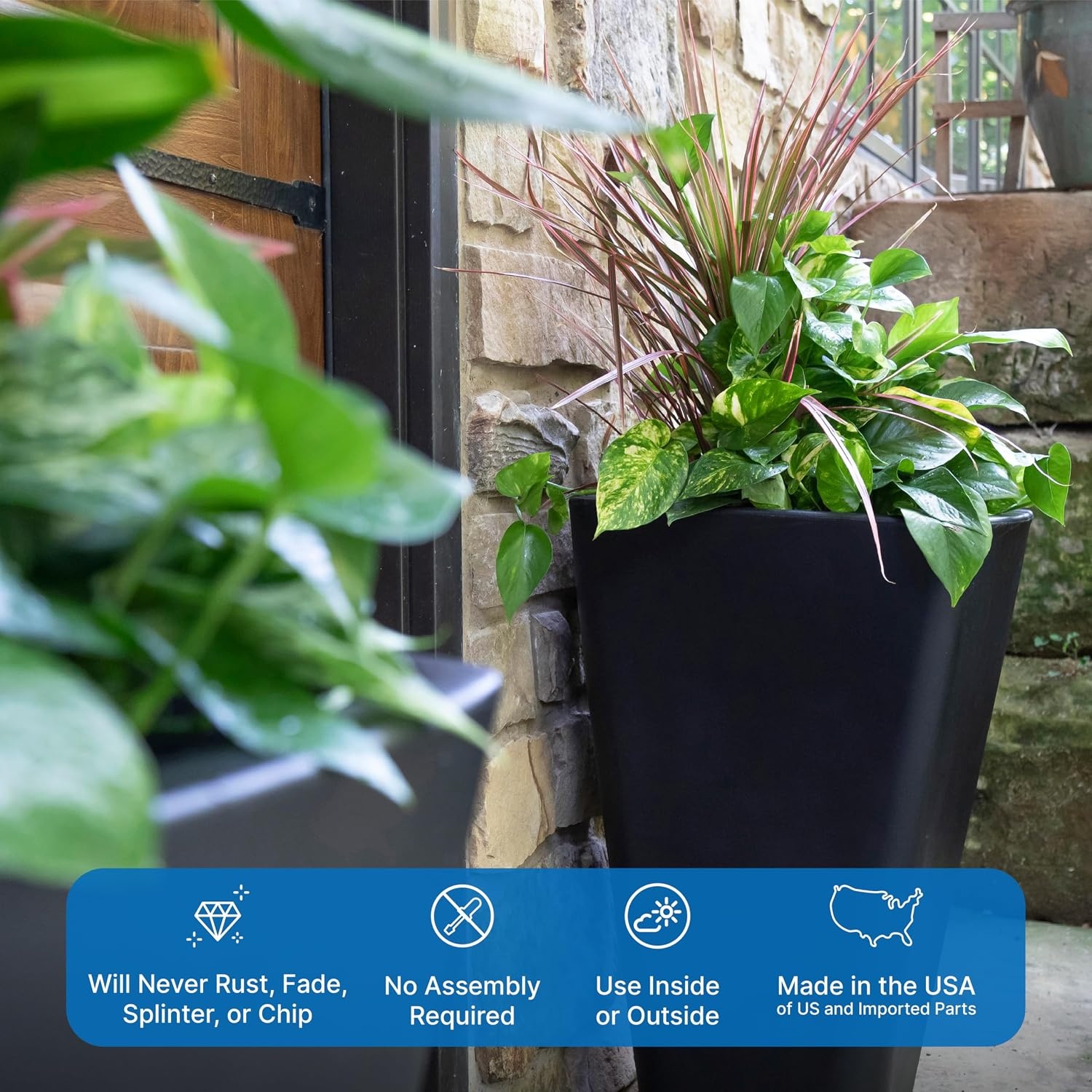 image:imageStep2 Bridgeview Tall Square Planter Large Planters for Outdoor Plants Gardening and Flower Pot for Patio or Porch Efficient Drainage Durable Plastic Onyx Black 2PackOnyx Black