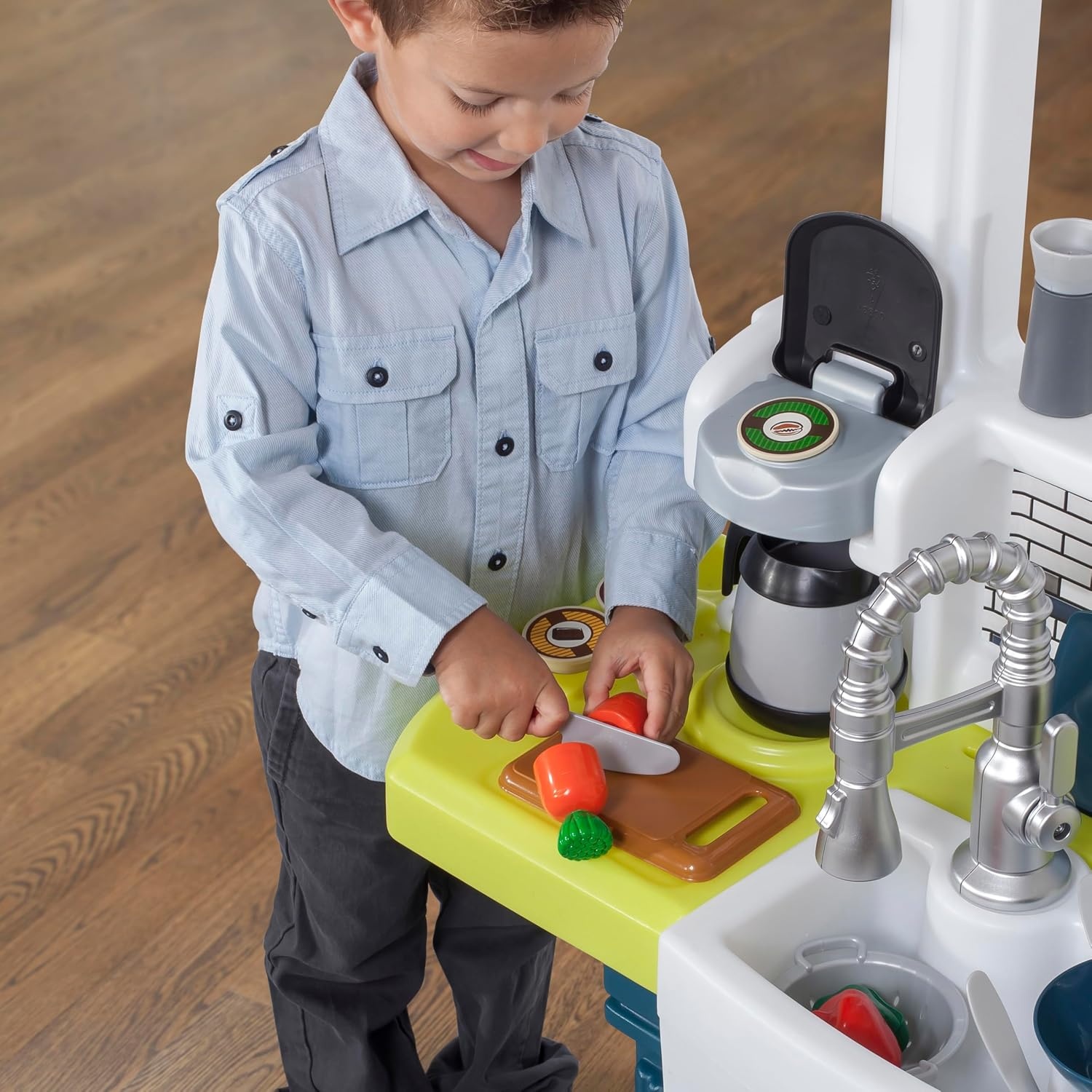 image:imageStep2 Elegant Edge Kids Kitchen Playset IndoorOutdoor Kitchenette Interactive Play with Lights and Sounds Made of Durable Plastic Includes 78 Piece Toy Accessories For Toddlers 3 Years OldKitchen Set