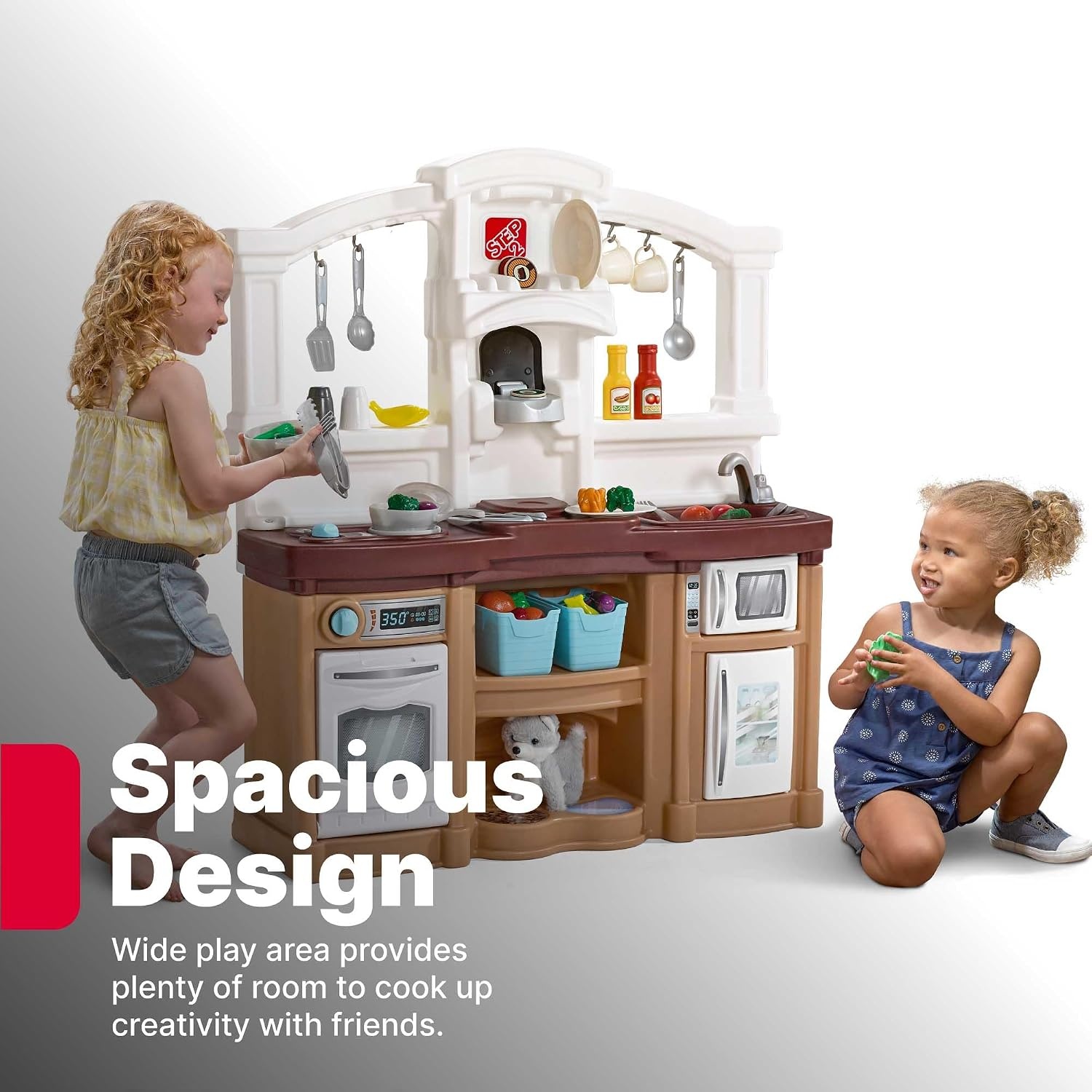 image:imageStep2 Fun with Friends Kids Kitchen Playset IndoorOutdoor Kitchenette with Lights amp Sounds Durable Plastic 25Piece Toy Accessories Toddlers 2 Years GrayTan