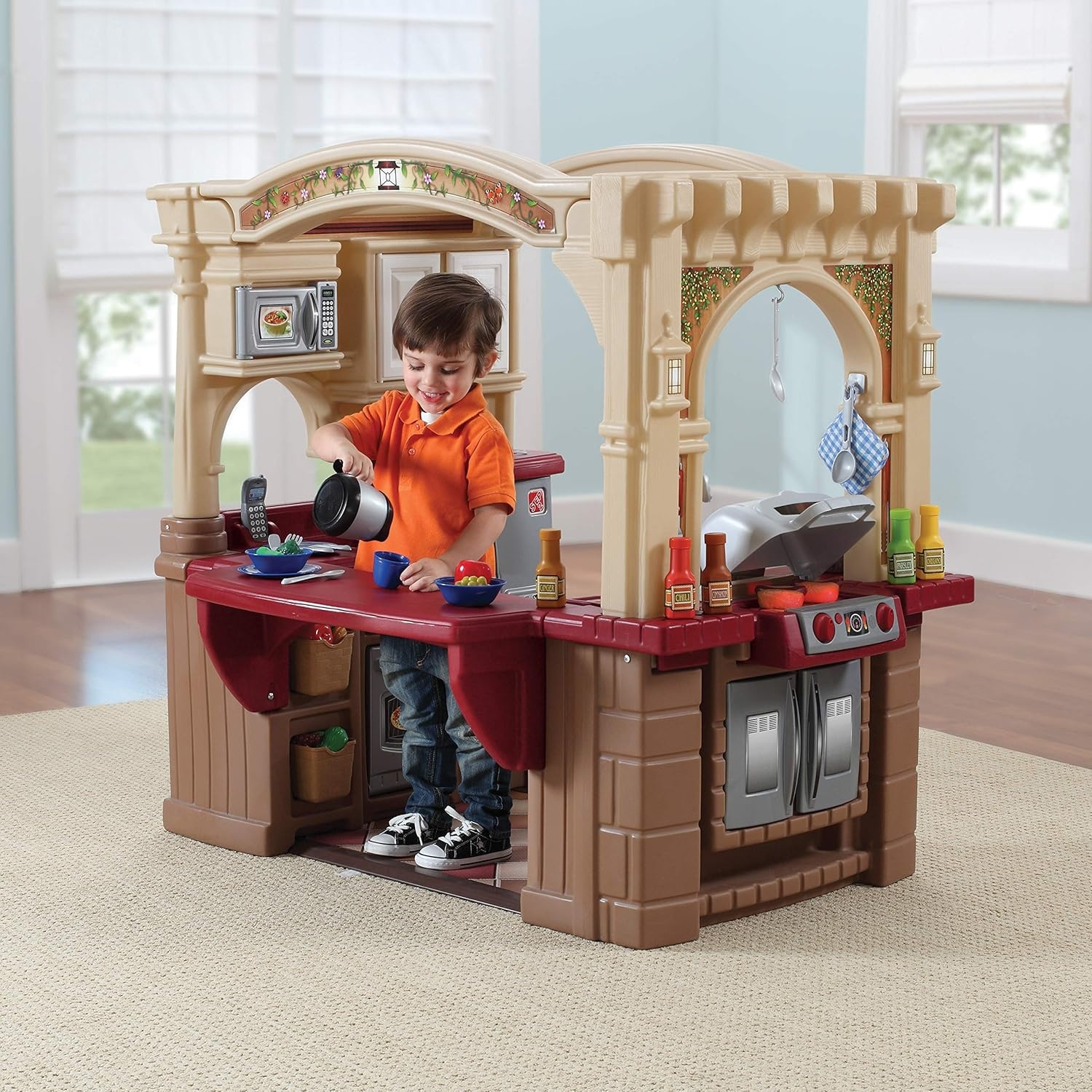image:imageStep2 Grand WalkIn Kitchen amp Grill Kids Playset IndoorOutdoor Kitchenette Interactive Play with Lights and Sounds Durable Plastic 103 Piece Toy Accessories Toddlers 2 Years Old BrownTanBrown Tan