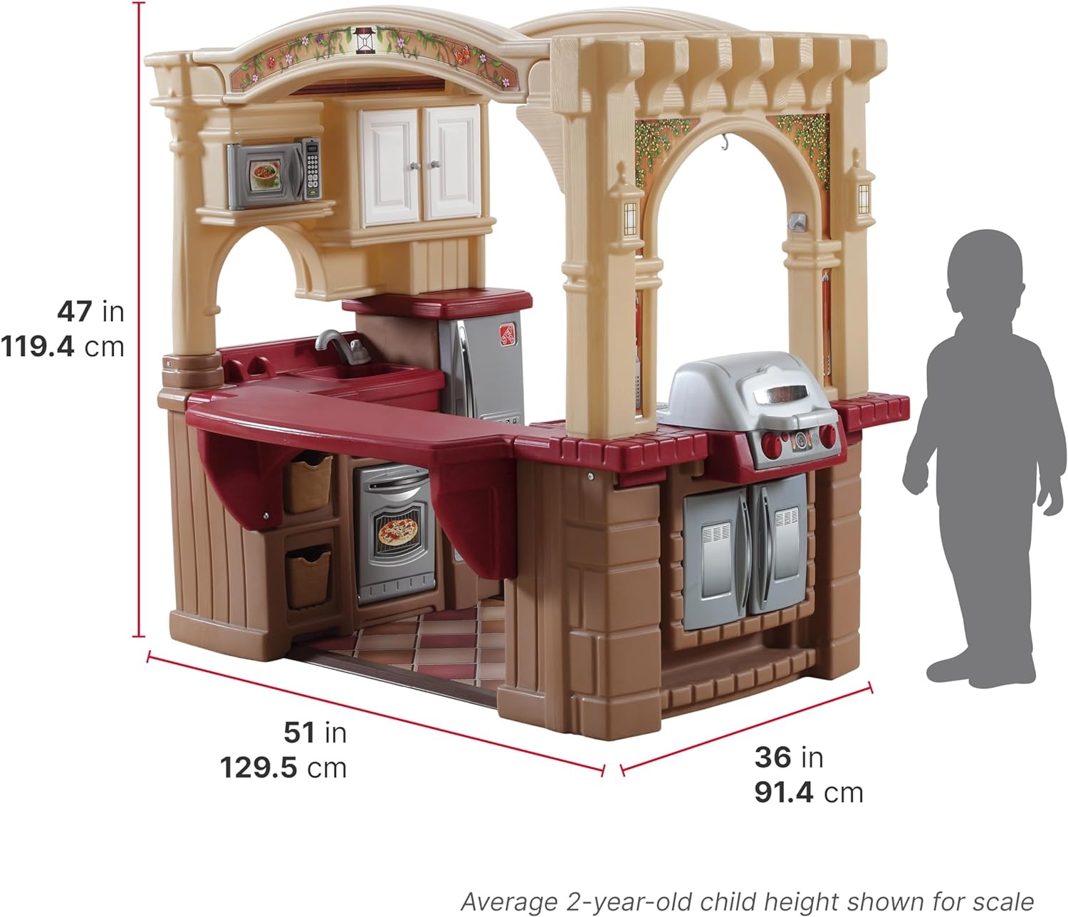 image:imageStep2 Grand WalkIn Kitchen amp Grill Kids Playset IndoorOutdoor Kitchenette Interactive Play with Lights and Sounds Durable Plastic 103 Piece Toy Accessories Toddlers 2 Years Old BrownTanBrown Tan
