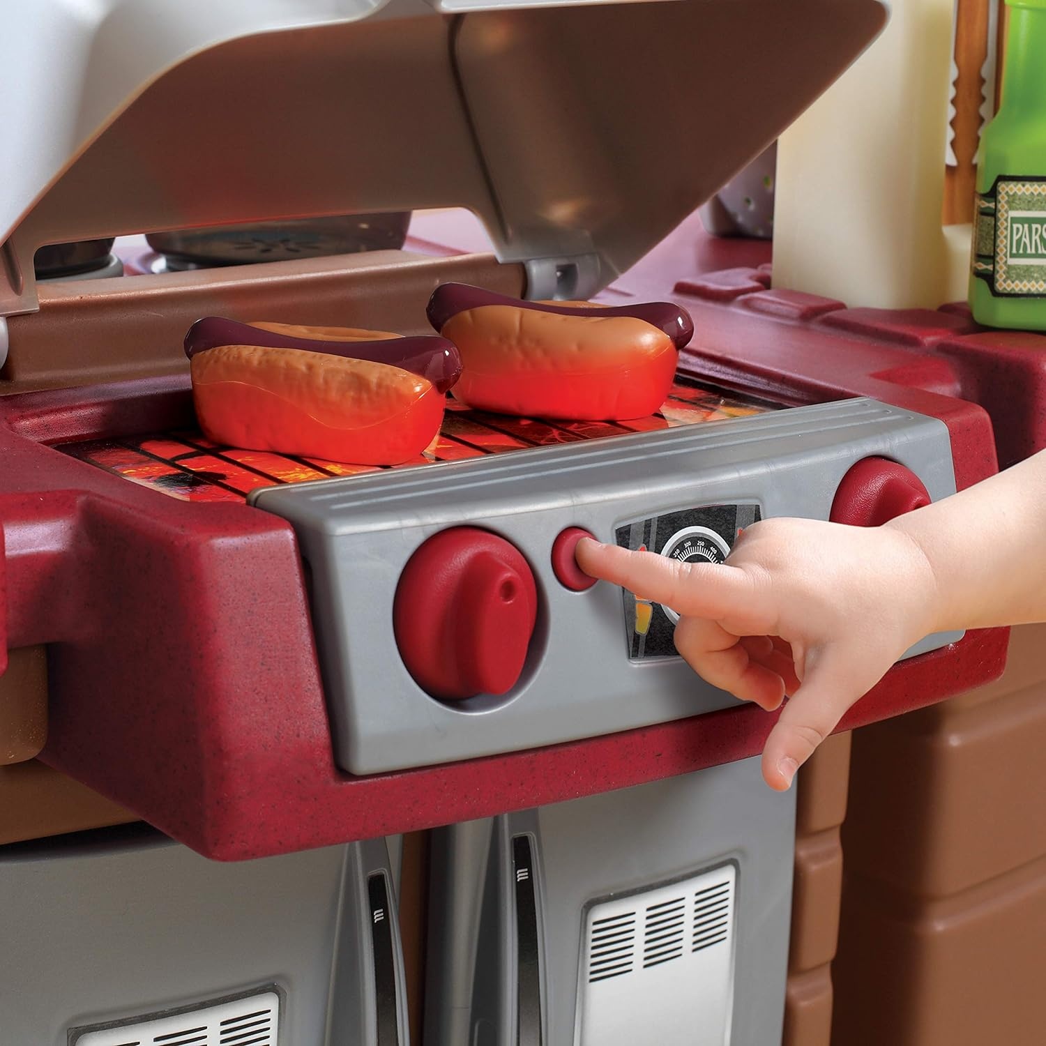 image:imageStep2 Grand WalkIn Kitchen amp Grill Kids Playset IndoorOutdoor Kitchenette Interactive Play with Lights and Sounds Durable Plastic 103 Piece Toy Accessories Toddlers 2 Years Old BrownTanBrown Tan