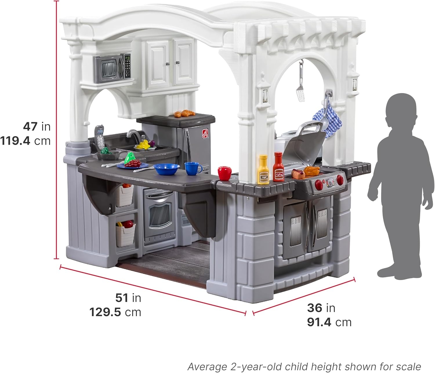 image:imageStep2 Grand Walkin Kitchen amp Grill Kids Playset IndoorOutdoor Kitchenette Interactive Play with Lights and Sounds Durable Plastic 103 Piece Toy Accessories Toddlers 2 Years Old GrayWhiteGray