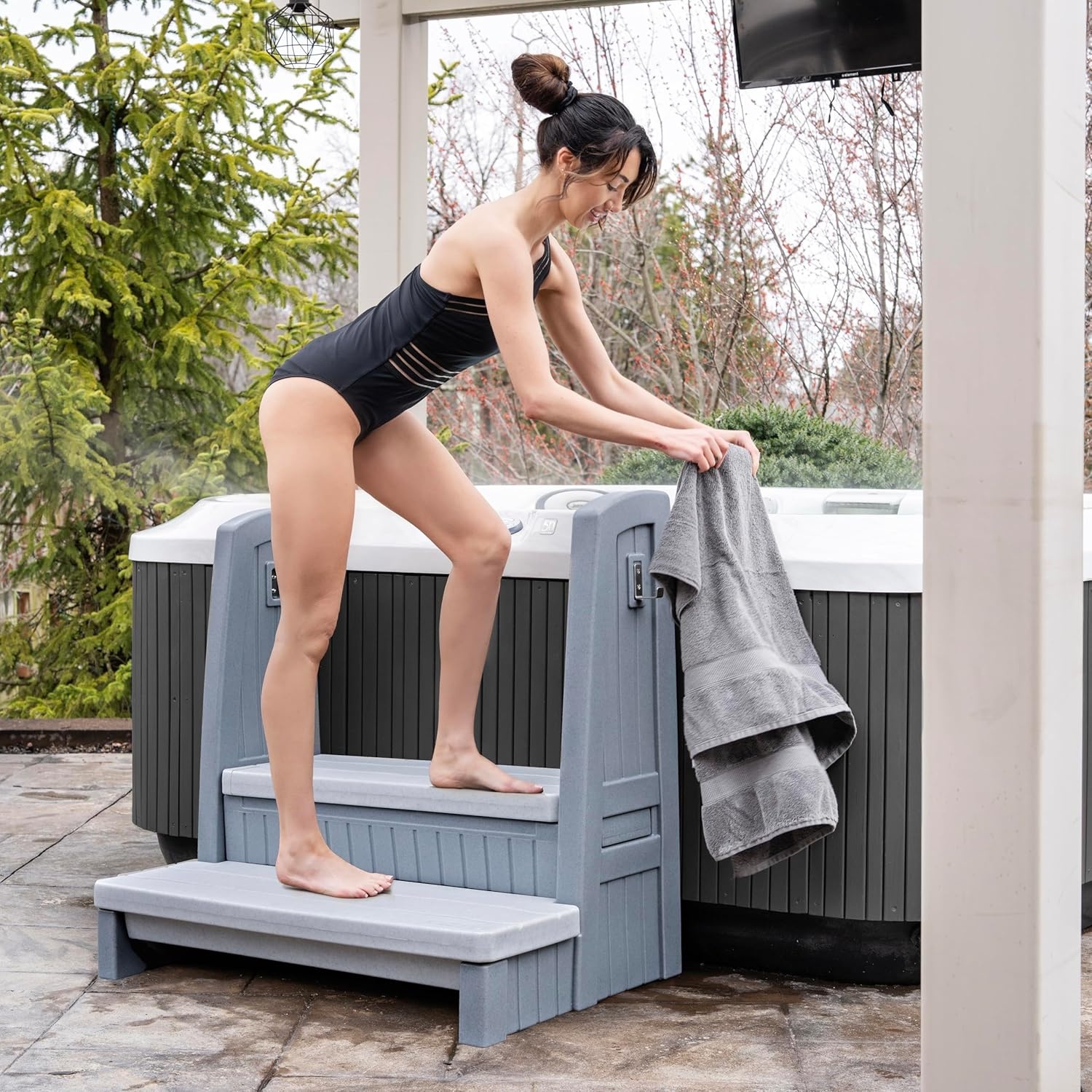 image:imageStep2 Hot Tub Storage Steps with Handrails 2Step Stool Waterproof Stairs for OutdoorIndoor Pool or Jacuzzi Made of Durable Plastic Dark CedarGray