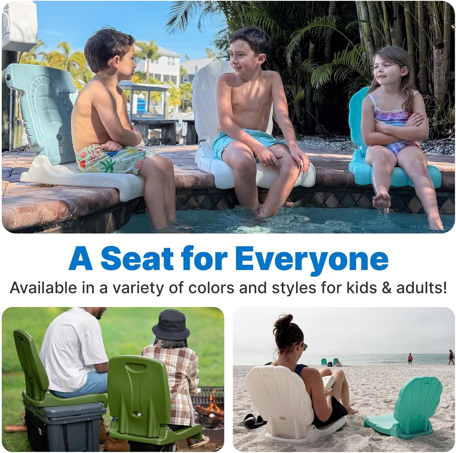 image:imageStep2 Seashell Flip Seat 2 Pack Adult Portable Outdoor Chairs for Poolside Camping Beach Stadium Providing Back Support Made of UV20 Durable Plastic Incredible WhiteAqua