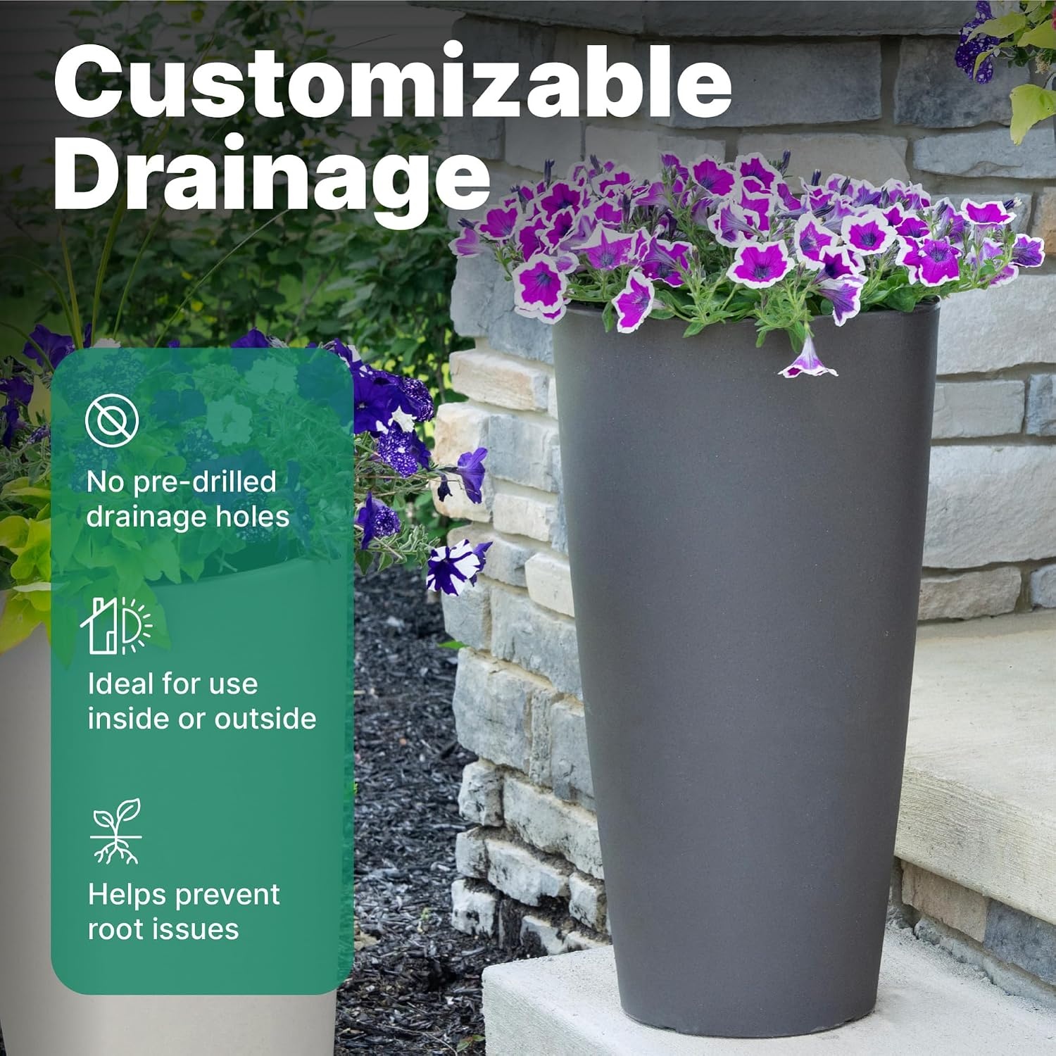 image:imageStep2 Tremont Tall Round Tapered Planter 28 Tall 2Pack IndoorOutdoor Plants Efficient Drainage Durable Resin ConcreteDark Cedar