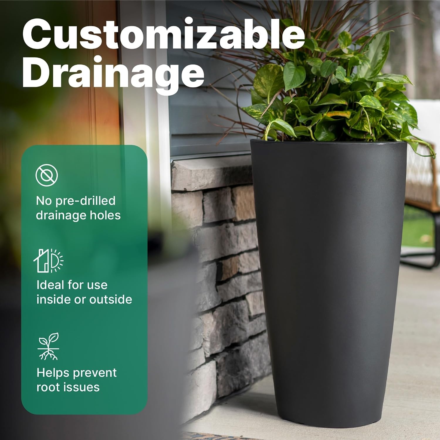 image:imageStep2 Tremont Tall Round Tapered Planter 28 Tall 2Pack IndoorOutdoor Plants Efficient Drainage Durable Resin ConcreteOnyx Black