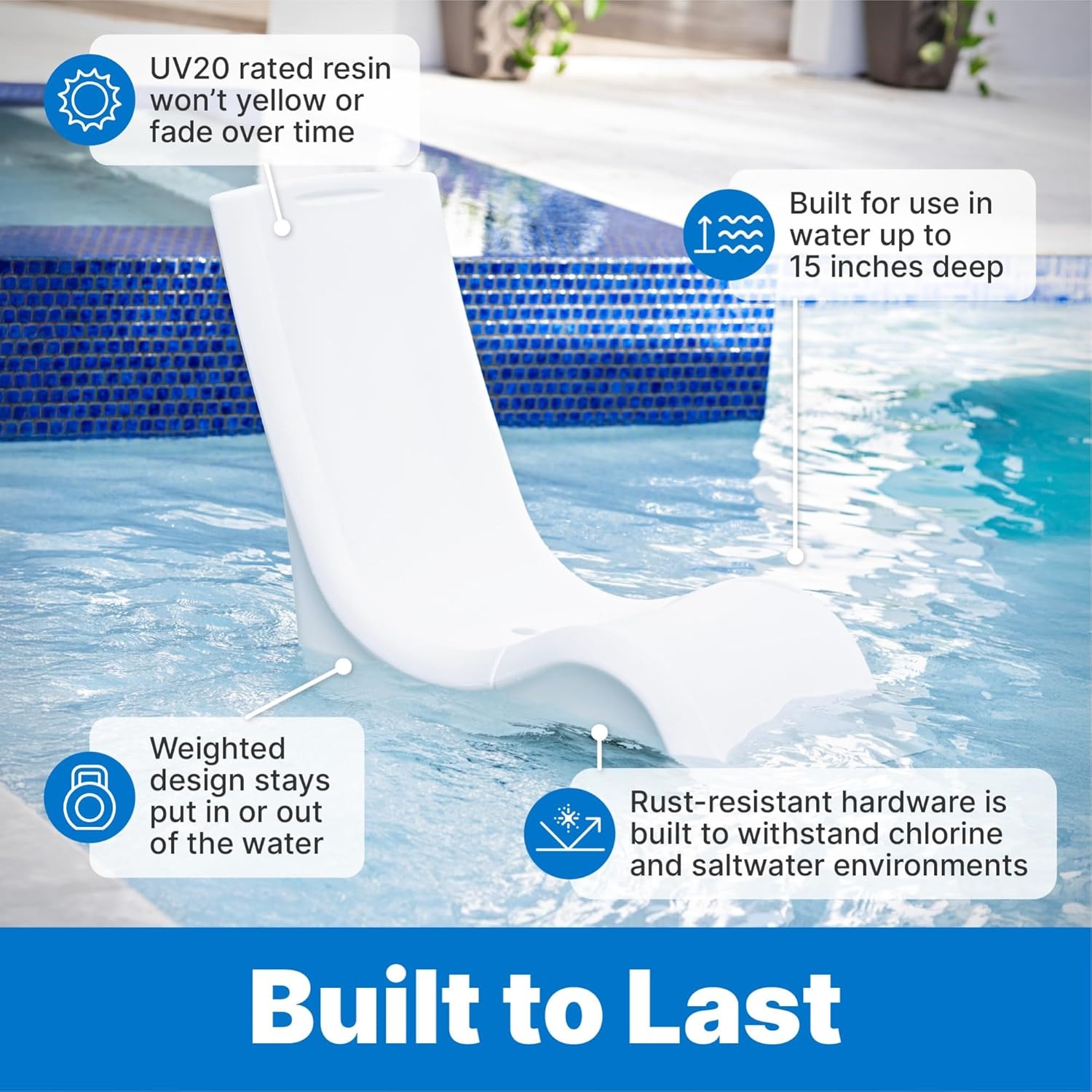 image:imageStep2 Vero Pool Chair FadeResistant Waterproof Patio Furniture for Sun Shelf Use in Pools up to 15Inches of Water Weighted 43D x 23W x 37H Resin WhiteWhite