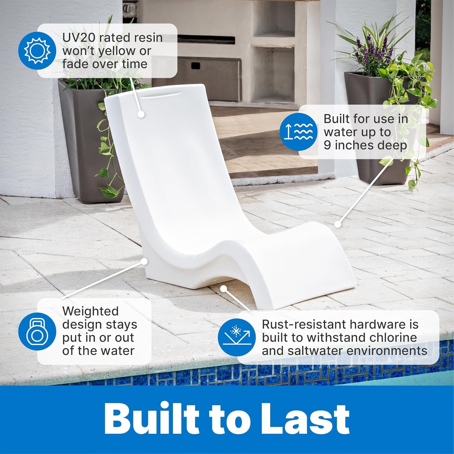 image:imageStep2 Vero Pool Chair FadeResistant Waterproof Patio Furniture for Sun Shelf Use in Pools up to 15Inches of Water Weighted 43D x 23W x 37H Resin WhiteWhite