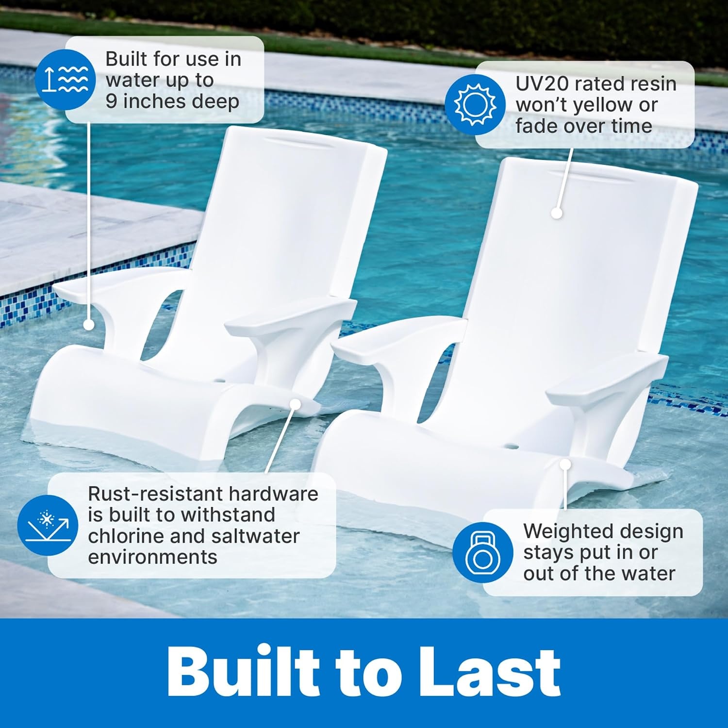 image:imageStep2 Vero Pool Chair FadeResistant Waterproof Patio Furniture for Sun Shelf Use in Pools up to 15Inches of Water Weighted 43D x 23W x 37H Resin WhiteWhite