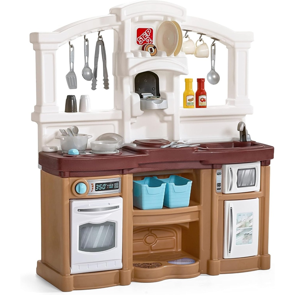 image:imageStep2 Fun with Friends Kids Kitchen Playset IndoorOutdoor Kitchenette with Lights amp Sounds Durable Plastic 25Piece Toy Accessories Toddlers 2 Years GrayTan